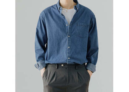 Men's Denim Long-sleeved Shirt Trendy Casual Solid Color Work Clothes Shirt Coat