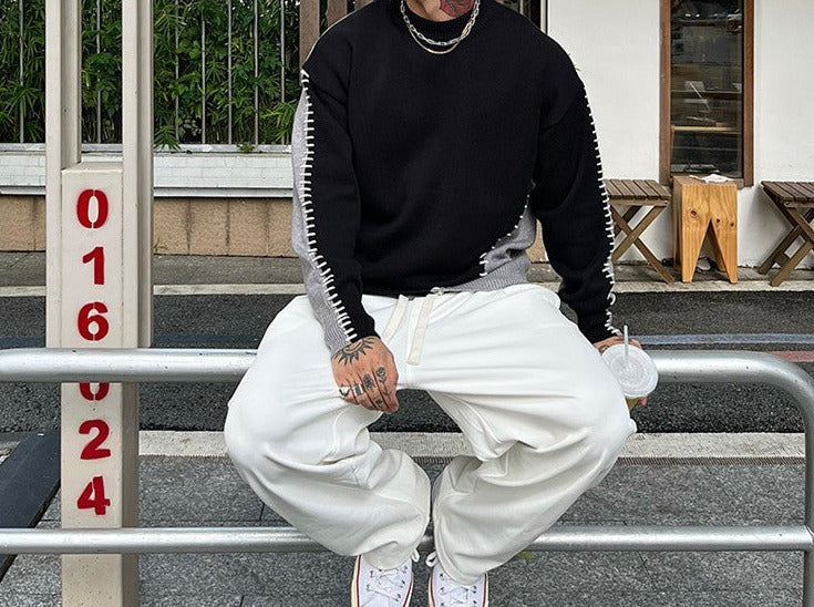 Men's Contrast Color Round Neck Sweater