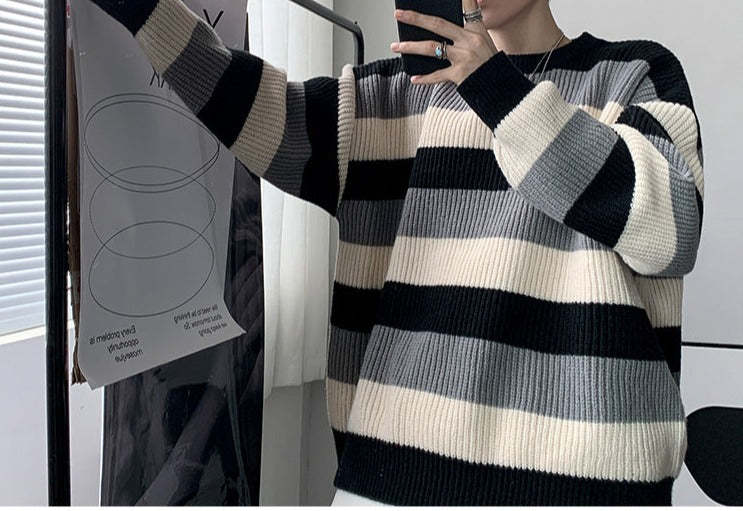Thick Striped Sweater Men's Loose Round Neck Sweater