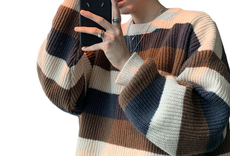 Thick Striped Sweater Men's Loose Round Neck Sweater