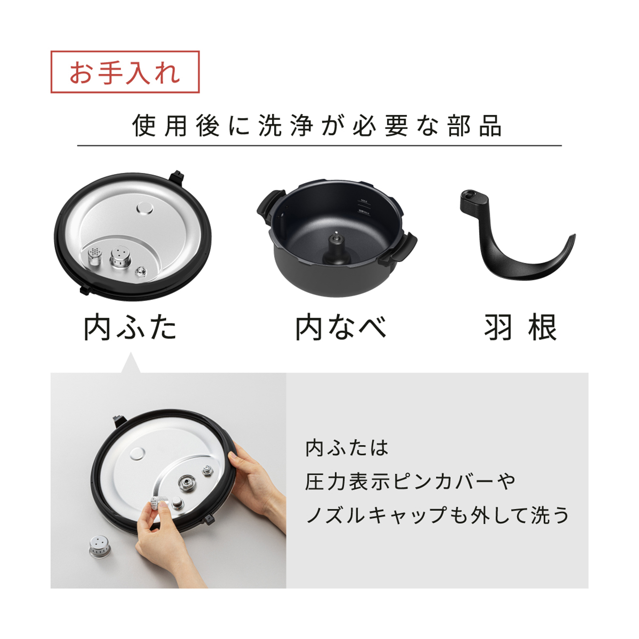 维护保养:使用后需要清洁的部件:内盖、内锅、刀片。清洁内盖时,请同时取下压力指示针盖和喷嘴盖。