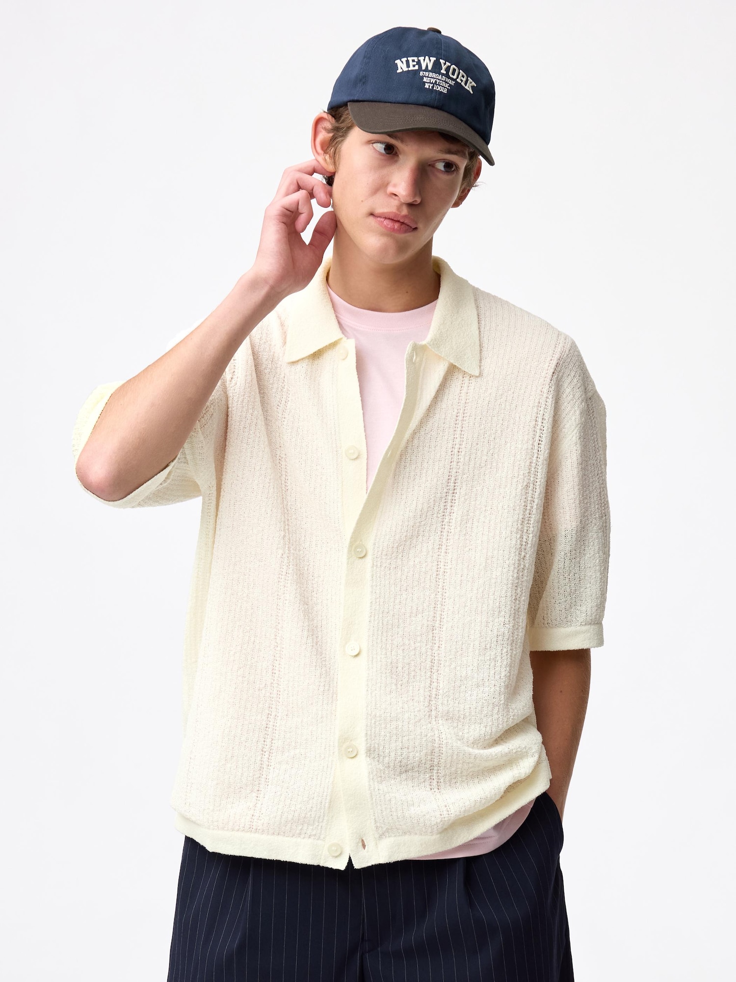 ウォッシャブルブークレニットシャツ(5分袖) - 01 OFF WHITE