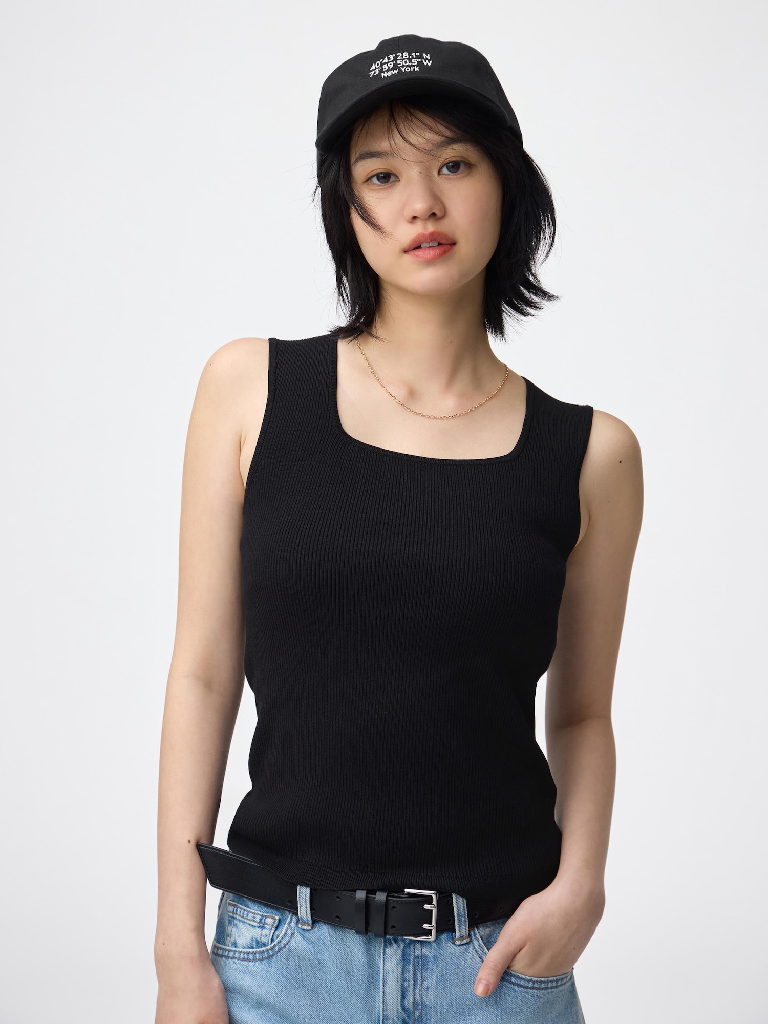 リブニットスクエアネックタンクトップ - 09 BLACK