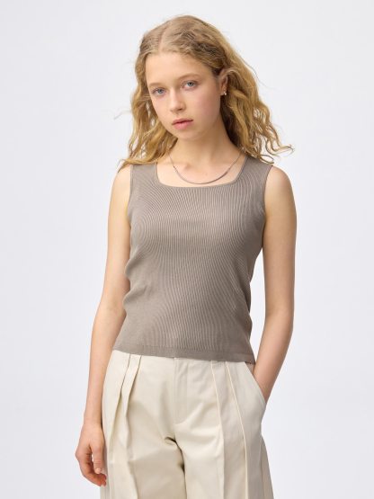 リブニットスクエアネックタンクトップ - 34 BROWN