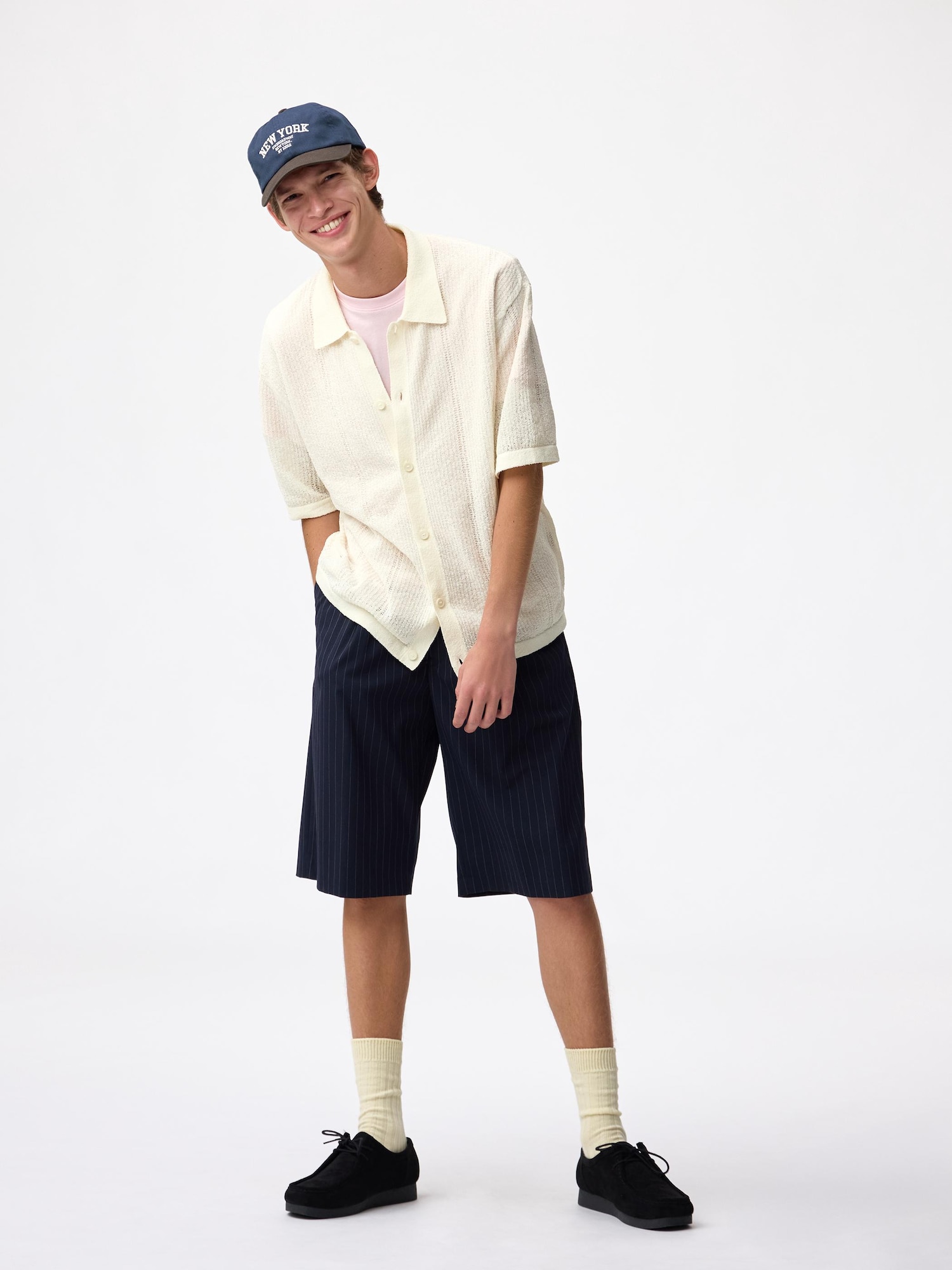 ウォッシャブルブークレニットシャツ(5分袖) - 01 OFF WHITE