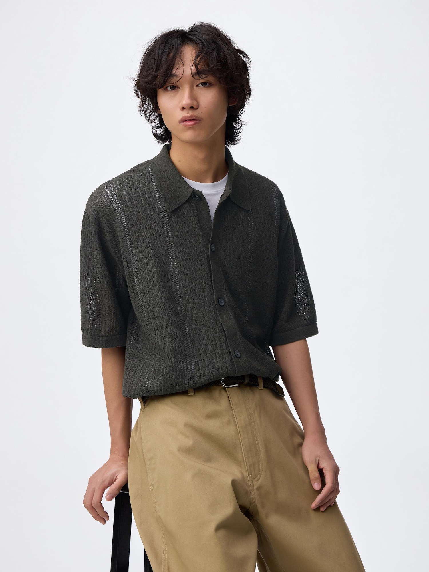ウォッシャブルブークレニットシャツ(5分袖) - 38 DARK BROWN