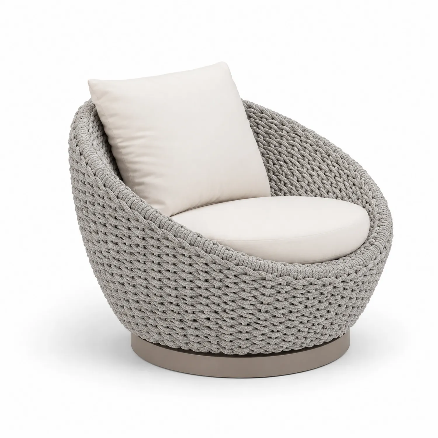 Sillón redondo de cuerda gris con cojín beige-Rusticvillaa