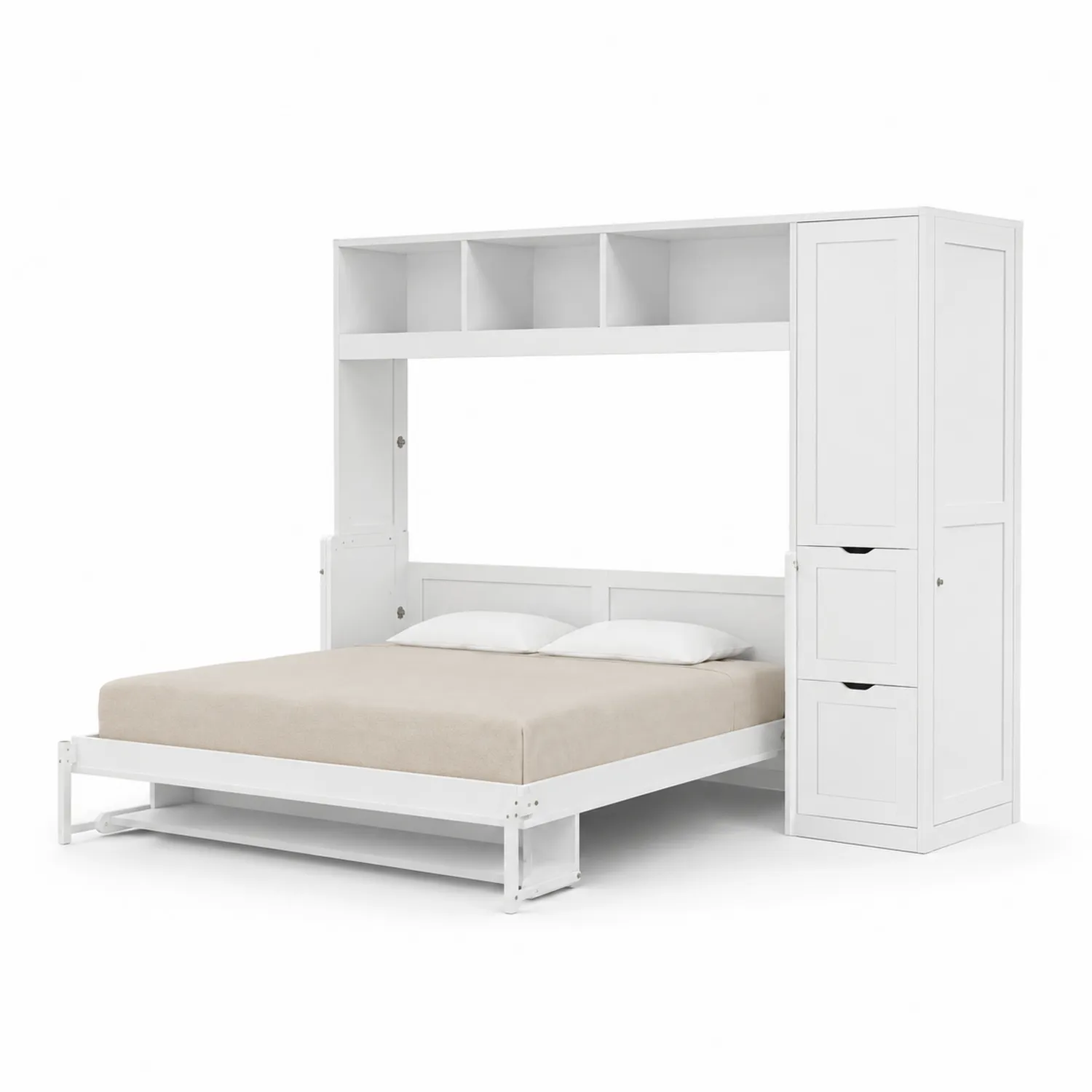 Cama abatible de madera con estantería blanca-Rusticvillaa