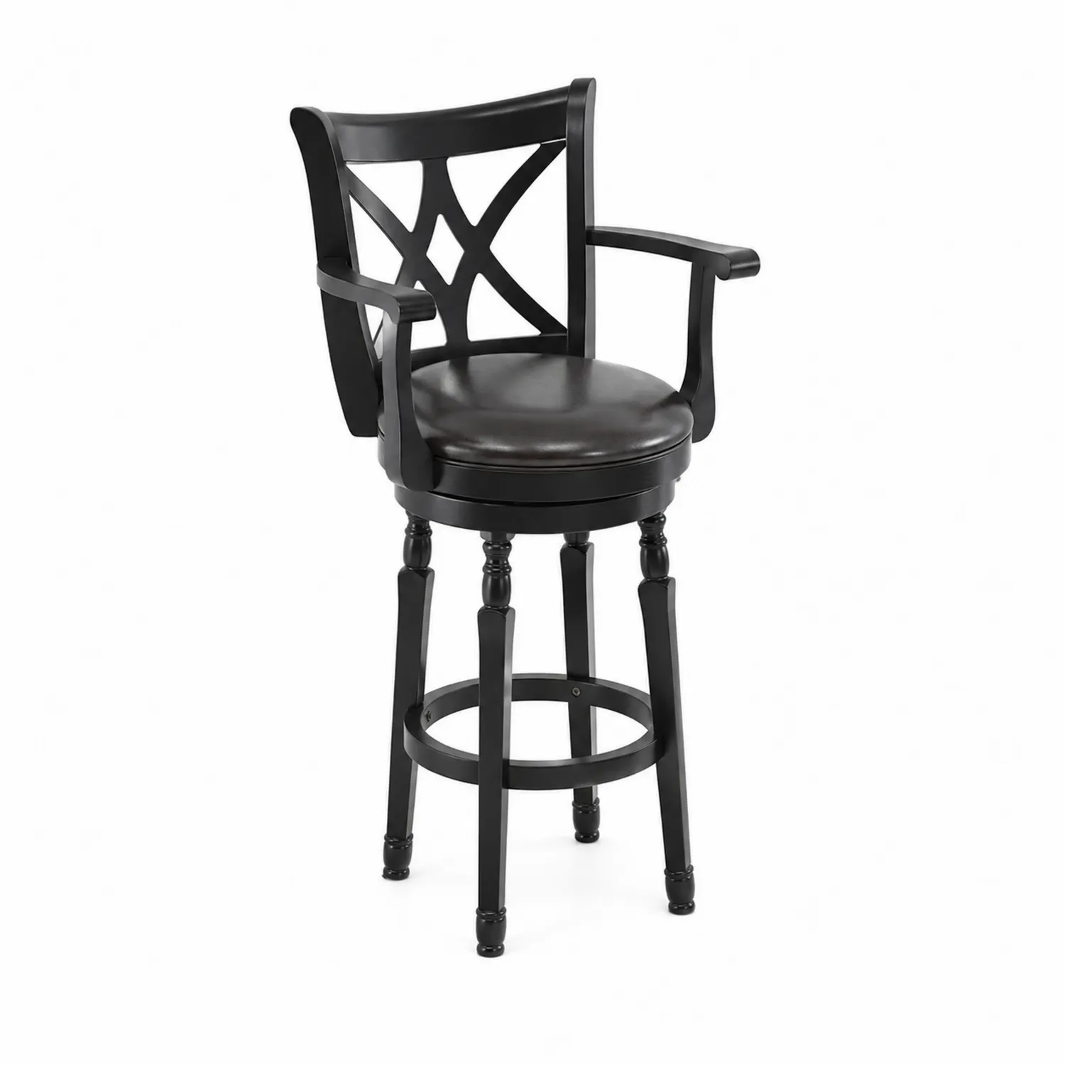 Taburete de madera con respaldo en cruz y asiento de cuero PU-Rusticvillaa