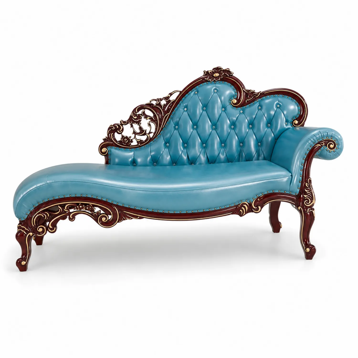 Chaise Longue de Cuero Sintético Azul con Estructura de Madera-Rusticvillaa