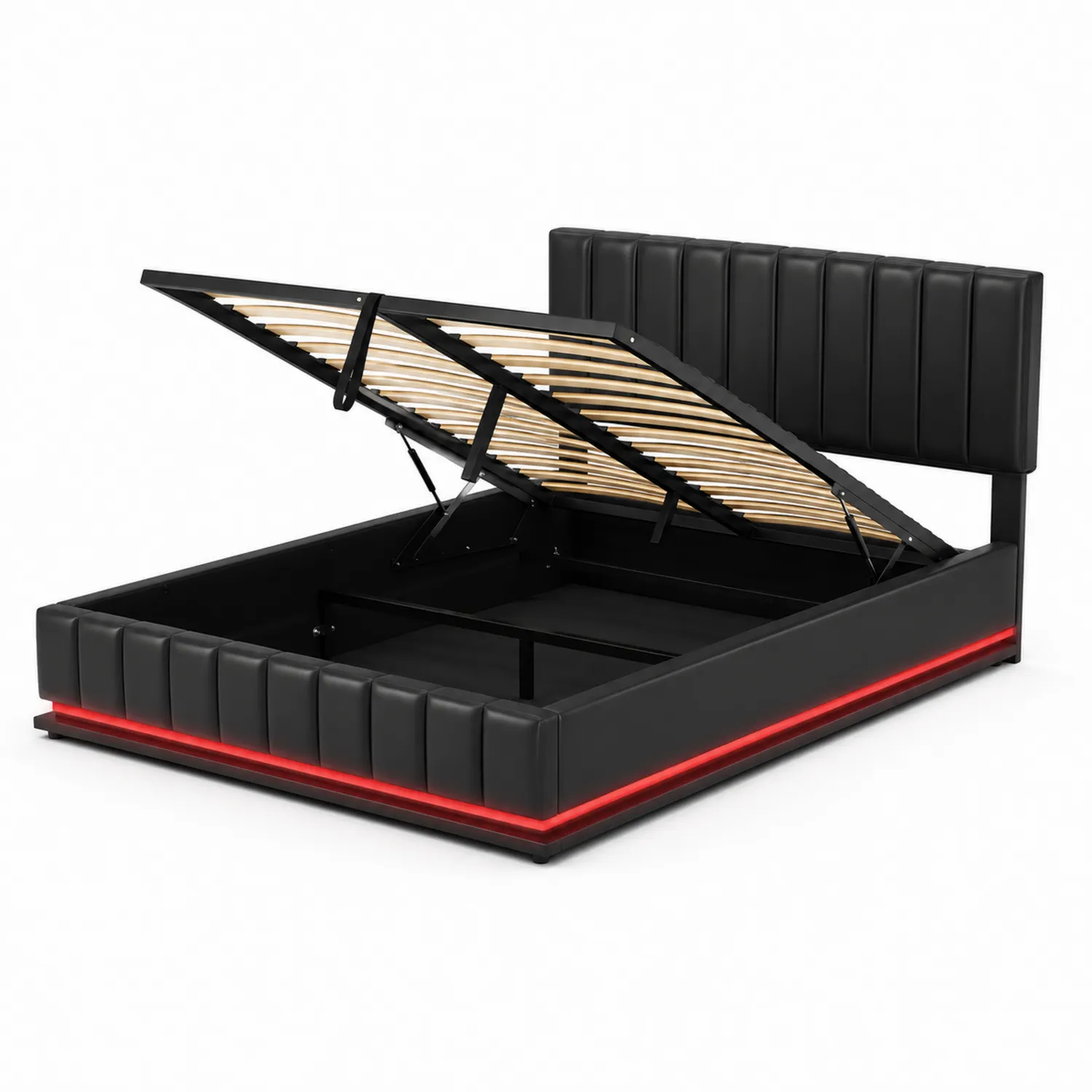 Cama de PU con Almacenamiento Hidráulico y LED, Negra, 200cm x 160cm-Rusticvillaa