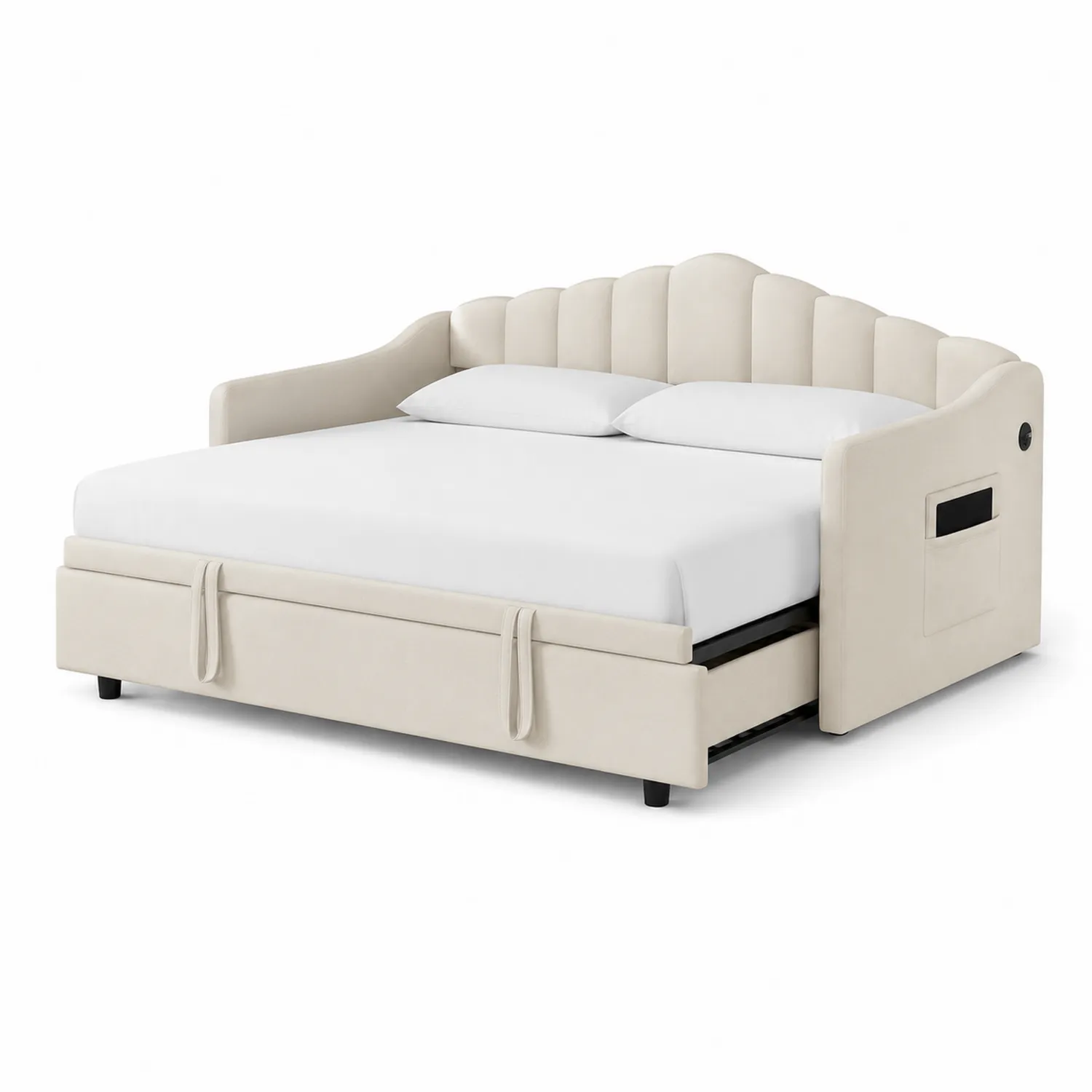 Sofá cama con almacenaje tapizado en tela de poliéster color marfil 200x150x90 cm-Rusticvillaa