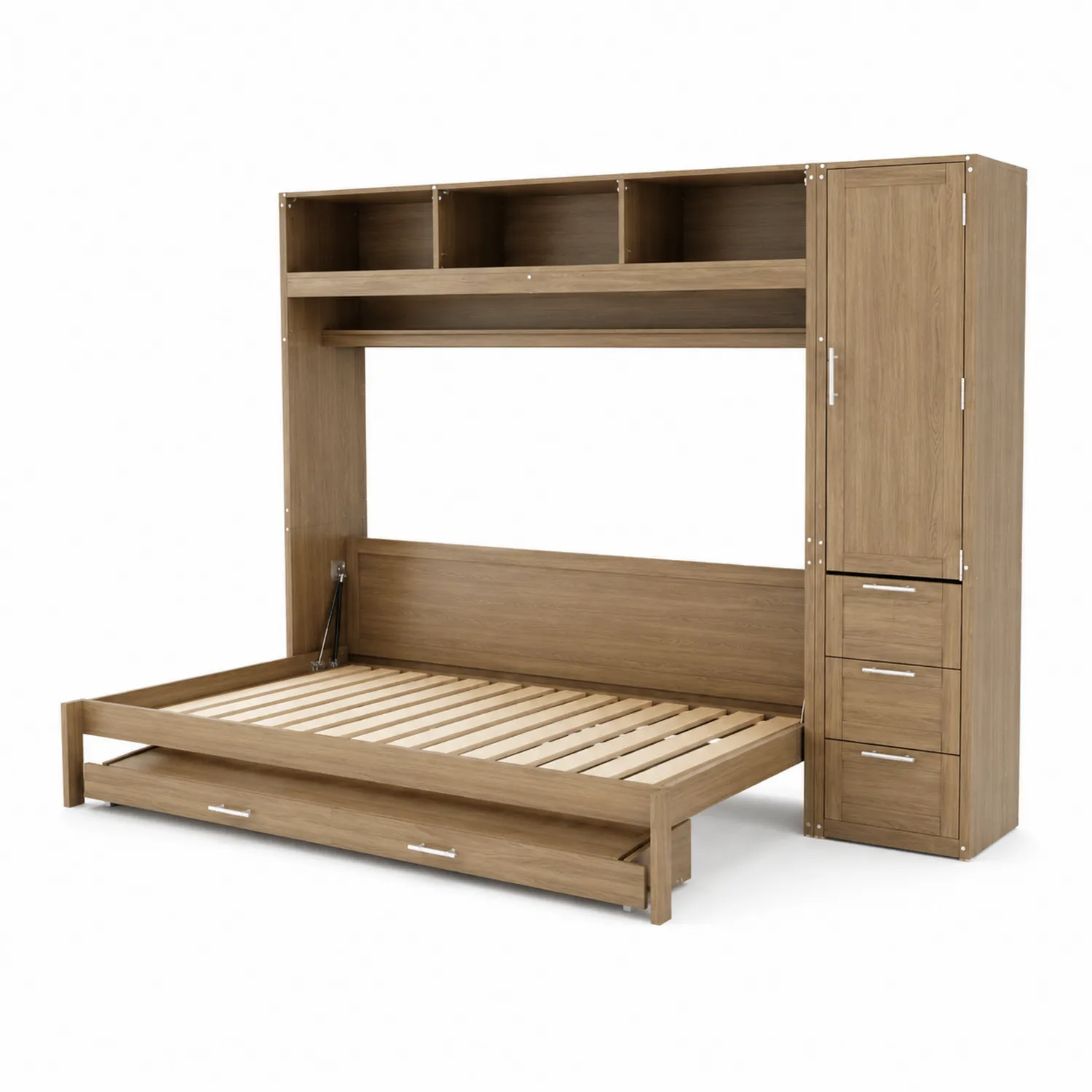 Cama Abatible de Madera con Almacenamiento y Estantería en Roble 200x90 cm-Rusticvillaa