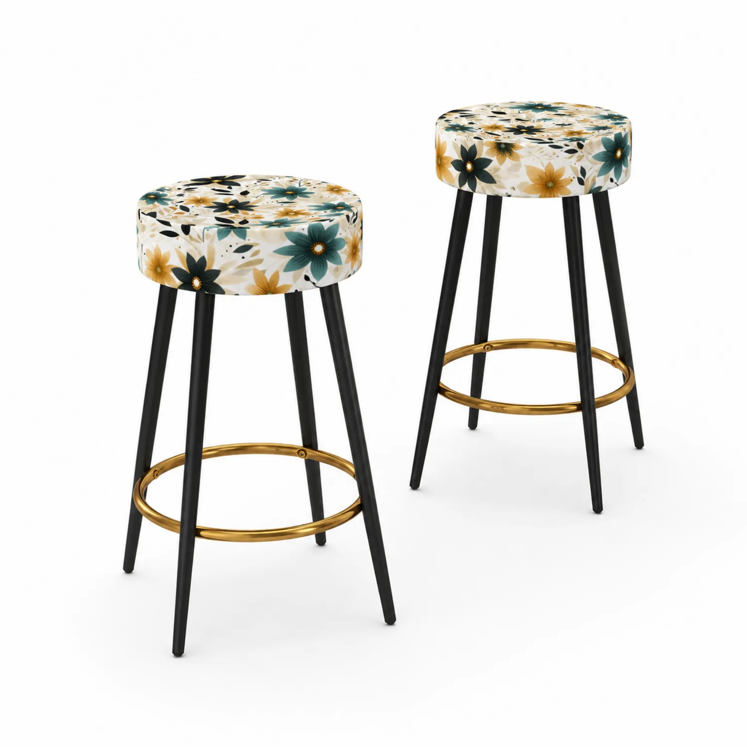 Taburetes de bar redondos de algodón con patas de acero y reposapiés dorado, set de 2-Rusticvillaa