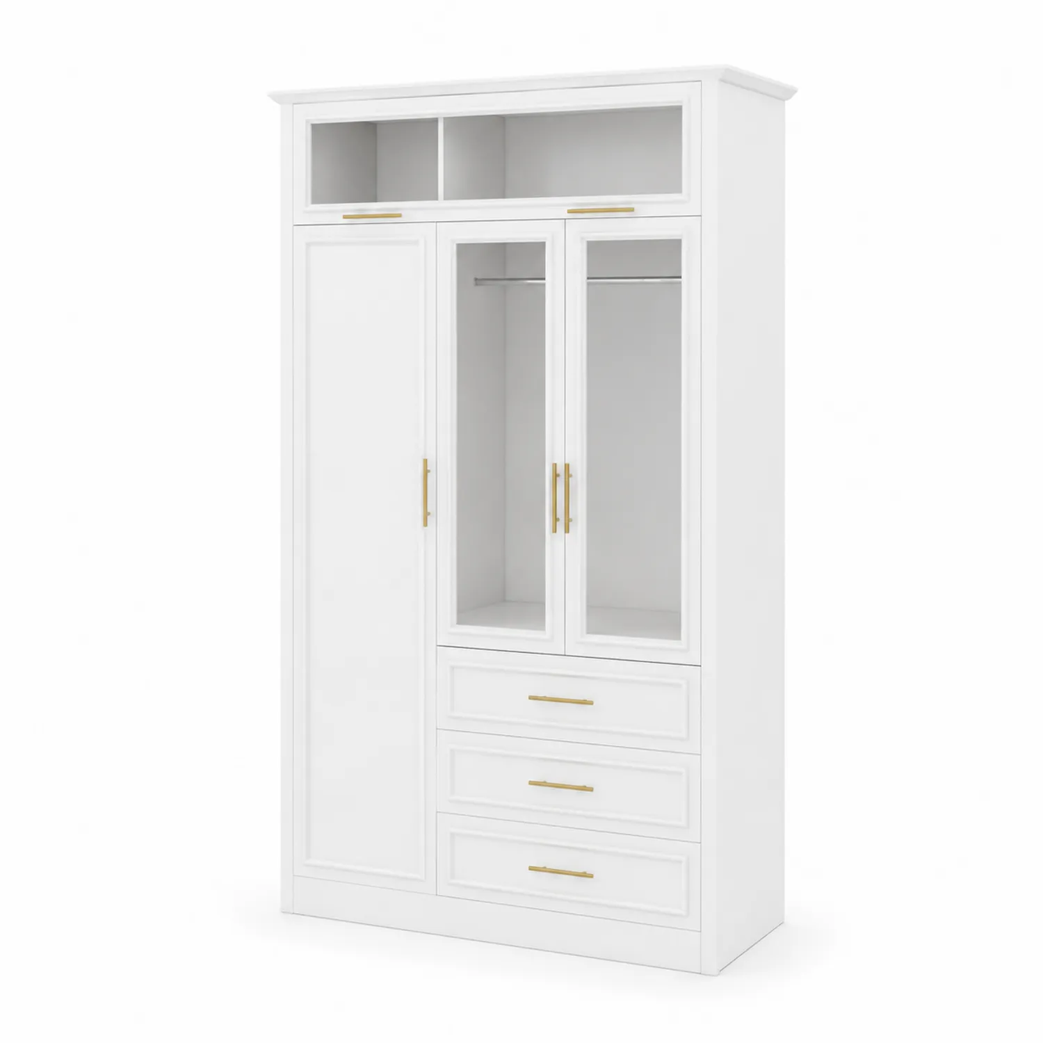 Armario de Madera con Puertas de Vidrio Templado y Cajones Blancos-Rusticvillaa