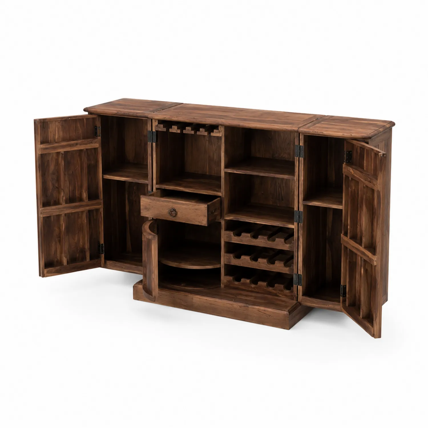 Armario de madera maciza marrón con estantes para vino-Rusticvillaa