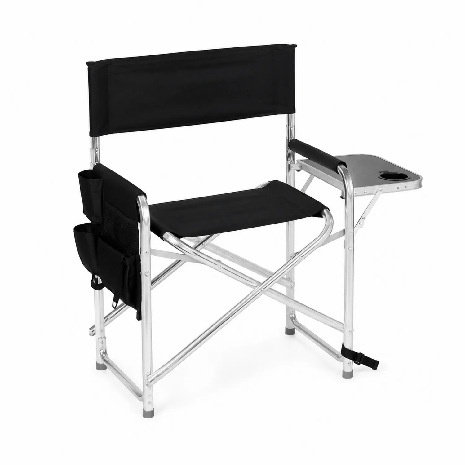 Silla plegable de aluminio con asiento y respaldo de tela negra-Rusticvillaa