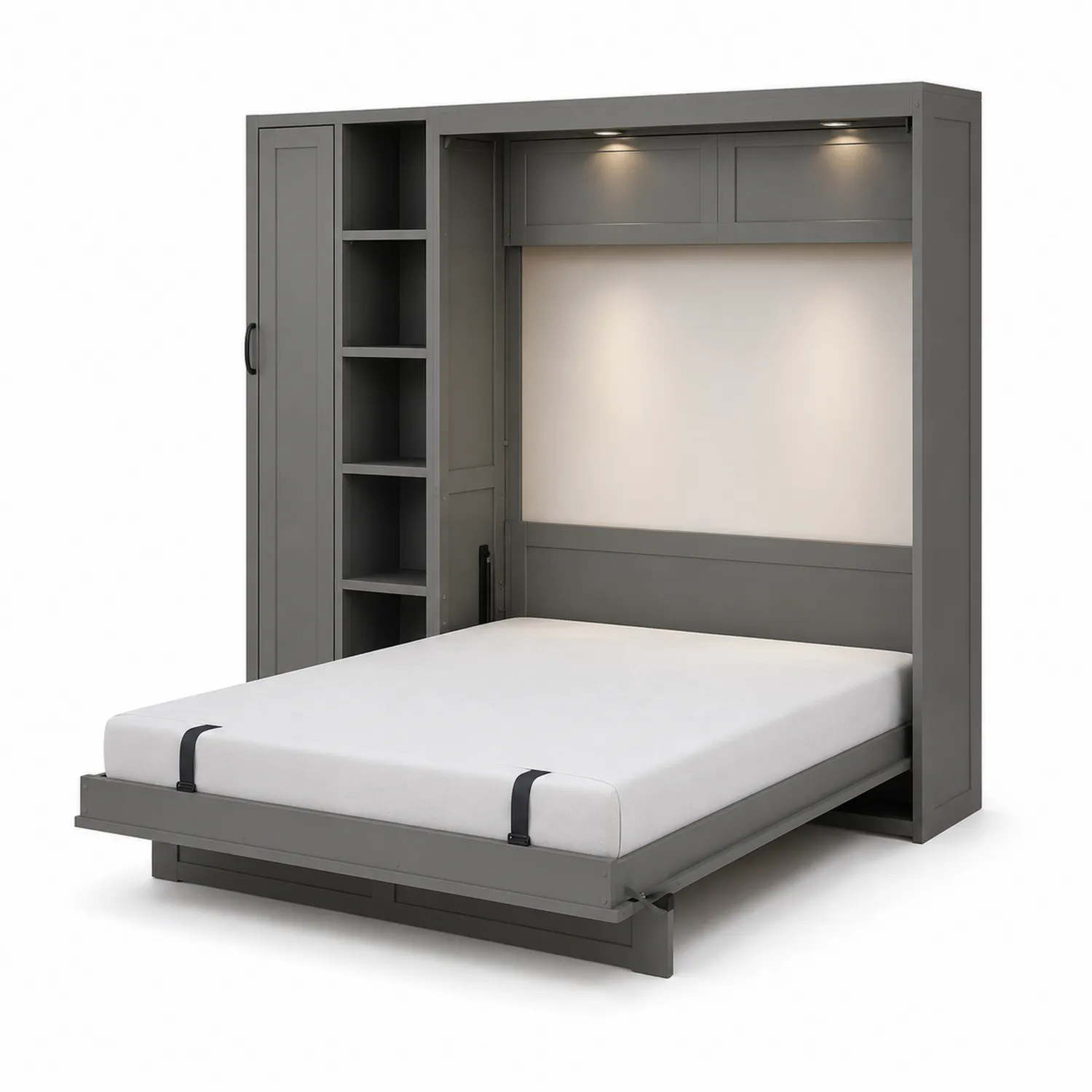 Cama abatible de melamina y acero con estantería LED Gris-Rusticvillaa