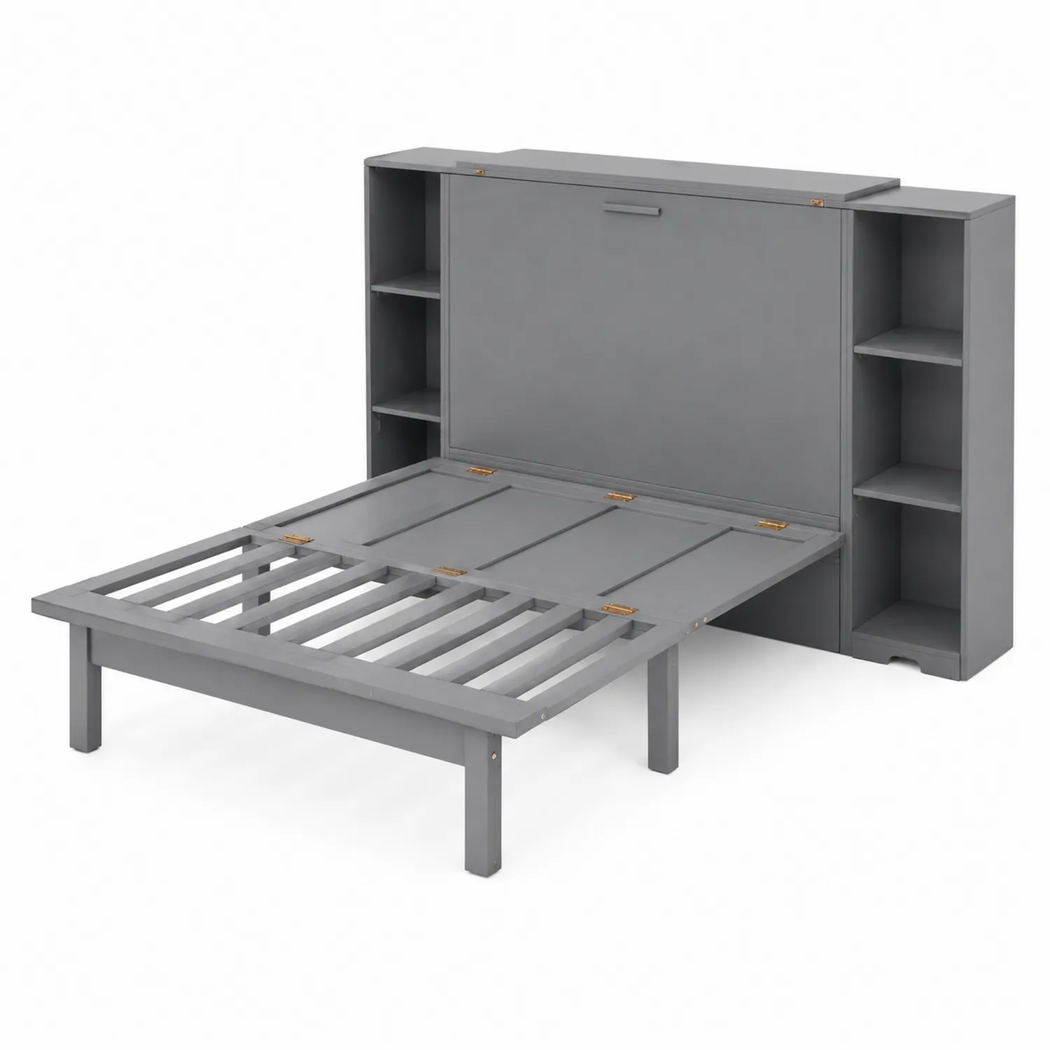 Cama abatible de madera con estantes lateral Gris-Rusticvillaa