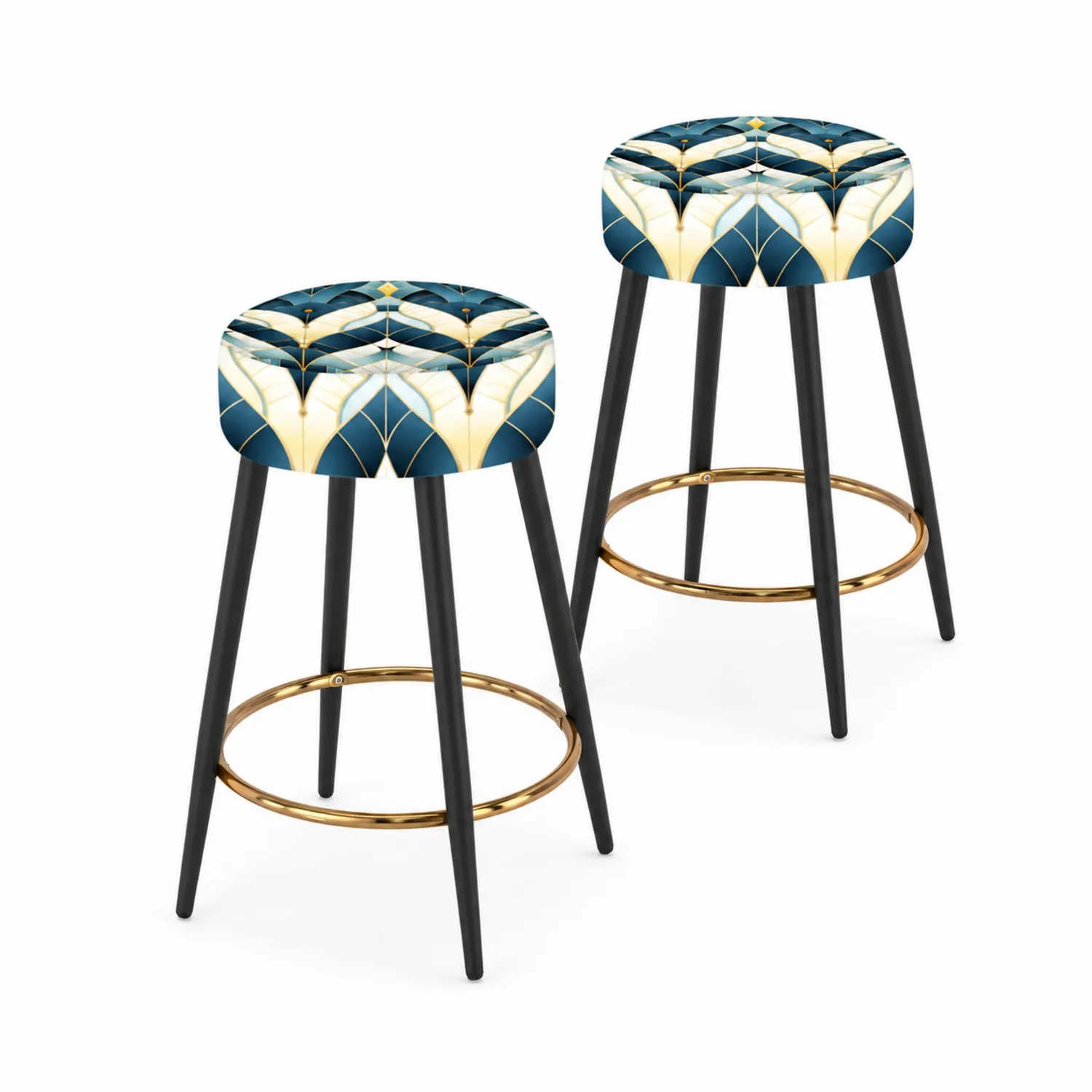 Taburetes de bar con estampado geométrico, estructura metálica y reposapiés dorado-Rusticvillaa