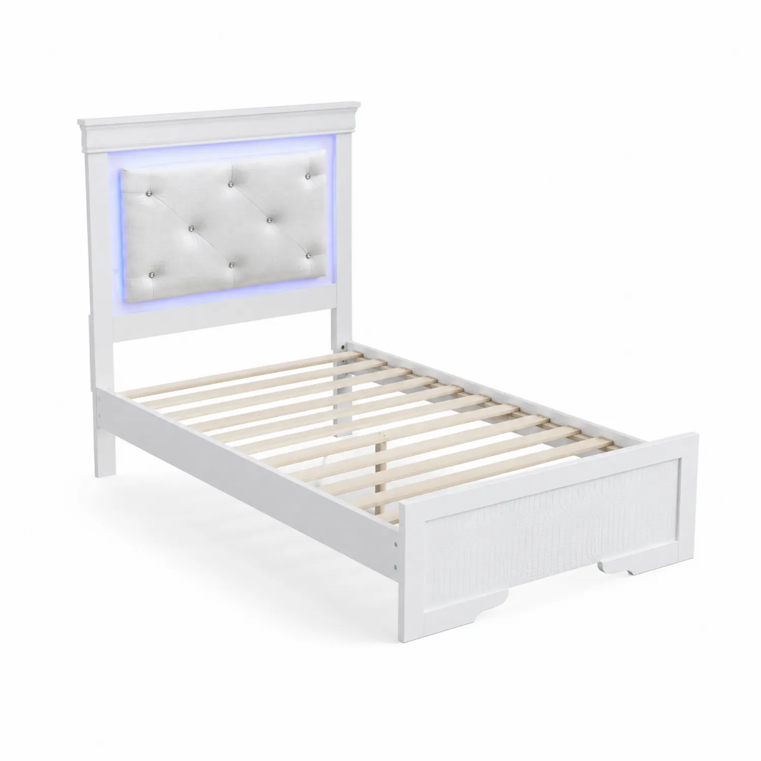 Cama individual de madera con cabecera acolchada y luces LED-Rusticvillaa