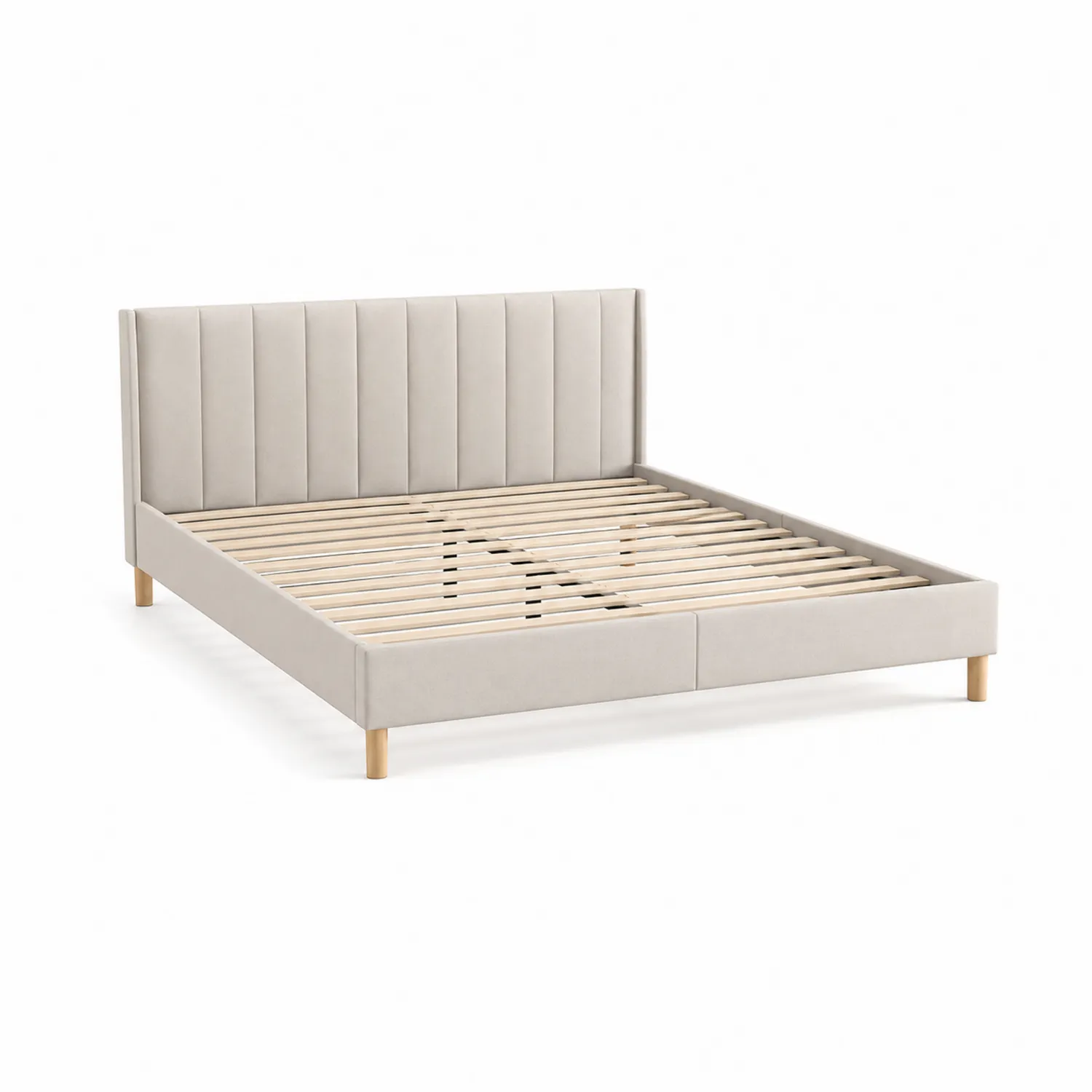 Cama doble tapizada en poliéster con cabecero acolchado y patas de madera Beige 200x160 cm-Rusticvillaa