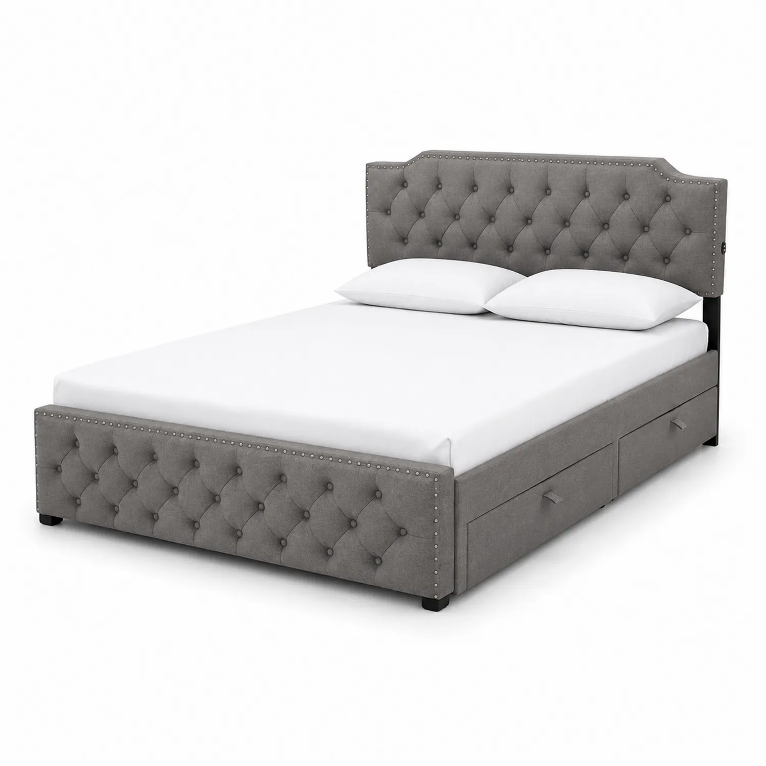 Cama doble con cabecero tapizado y cajones en gris-Rusticvillaa
