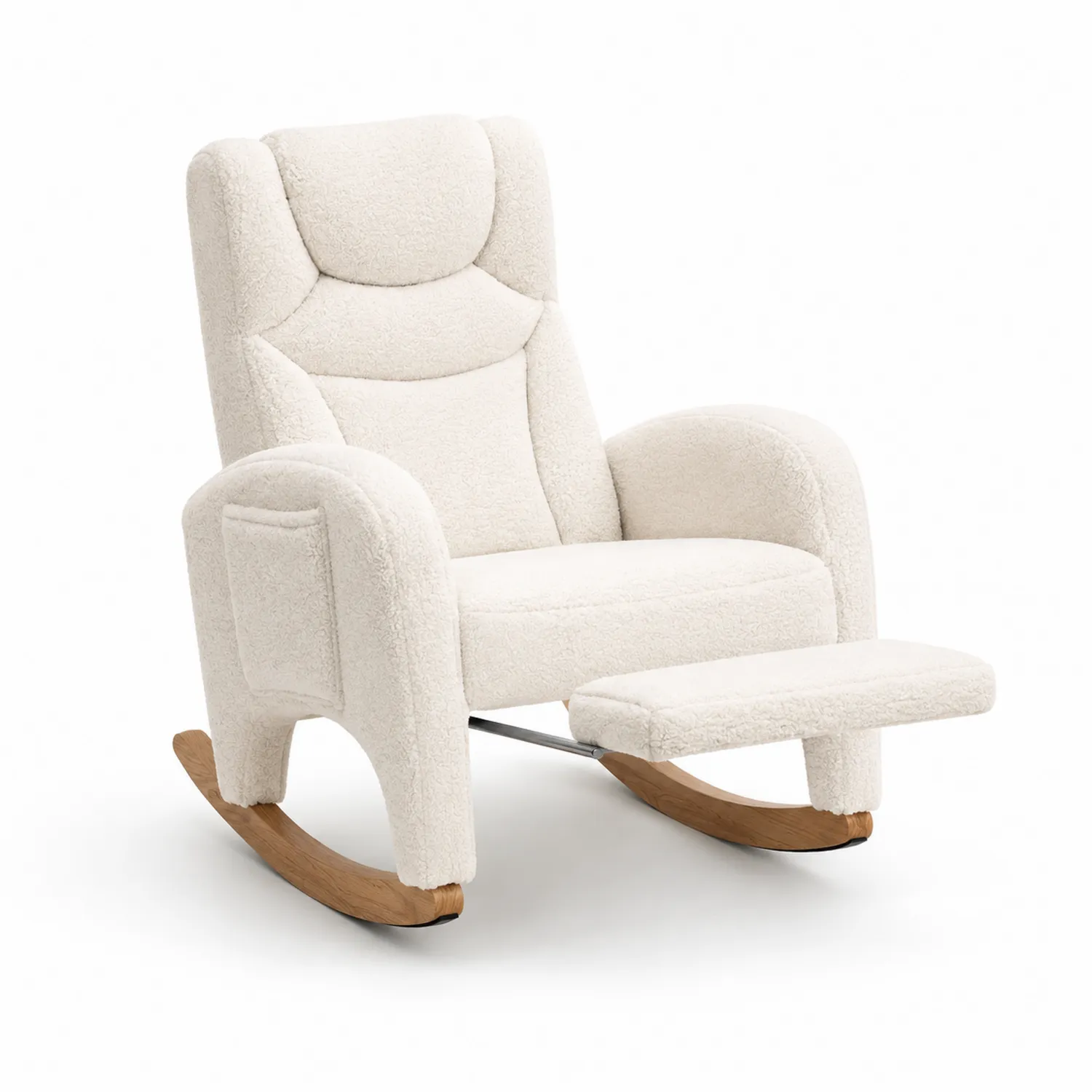 Silla mecedora con reposapiés de lana bouclé crema-Rusticvillaa