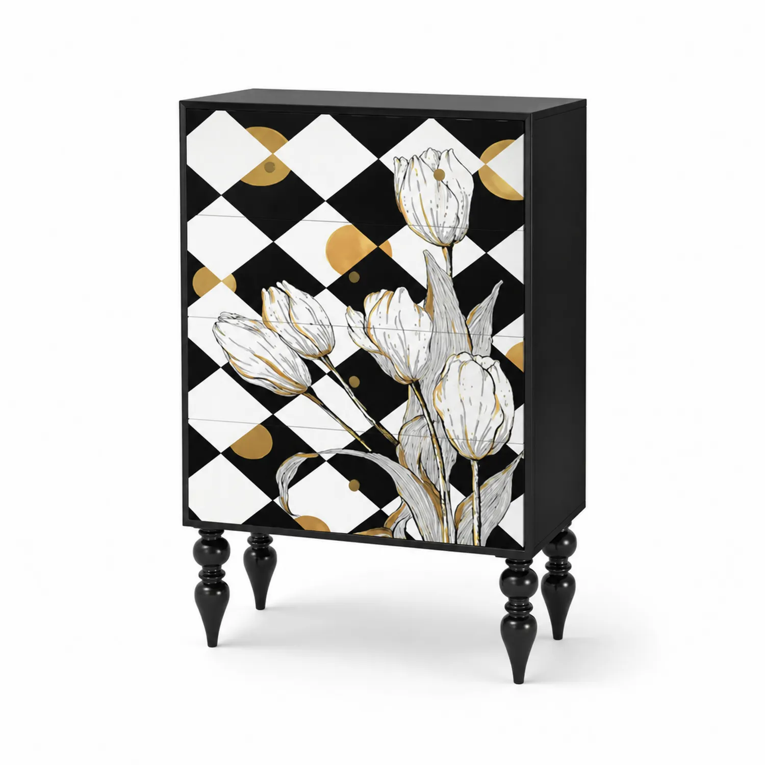 Cajonera con diseño floral en Negro/Blanco/Oro 110x60x40 cm-Rusticvillaa