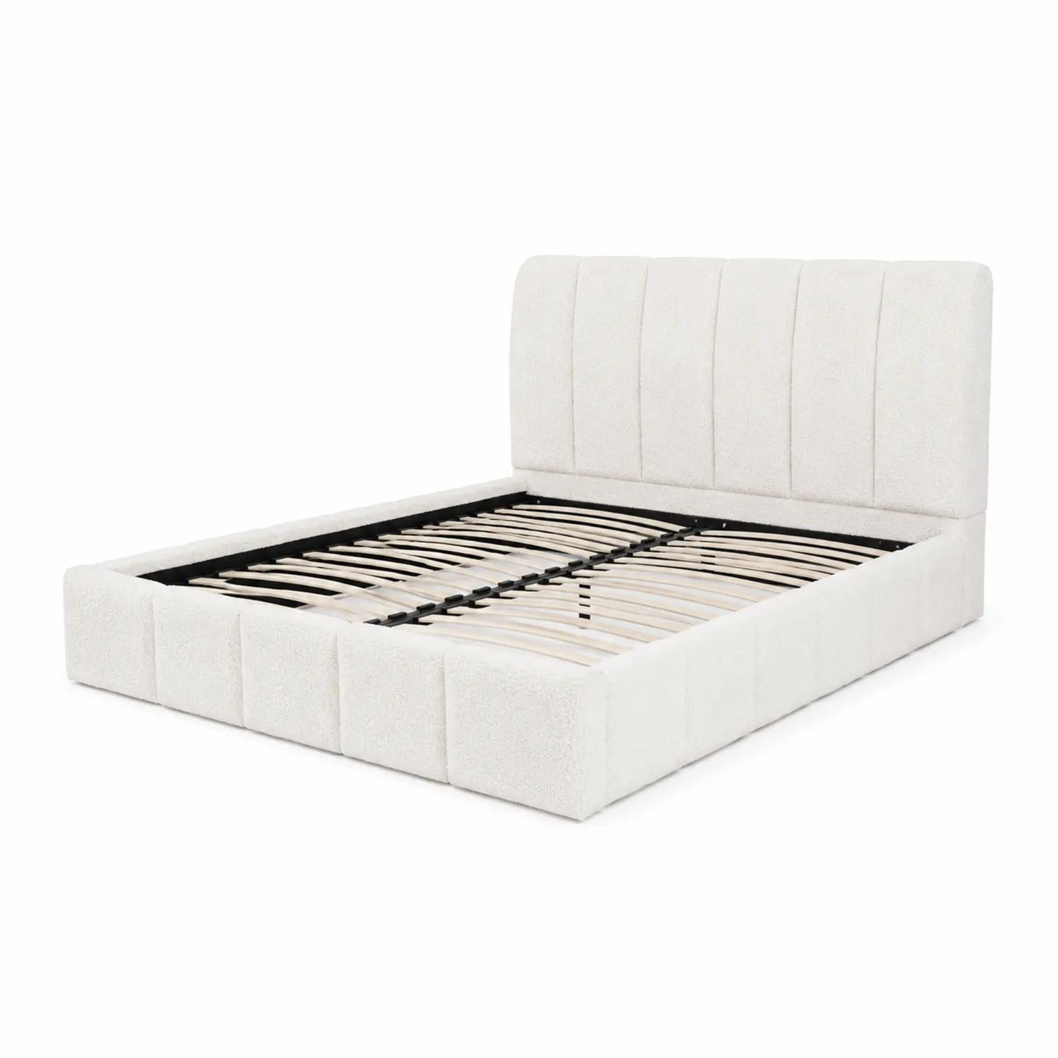 Cama doble beige tapizada en poliéster con cabecero acolchado 200x160 cm-Rusticvillaa