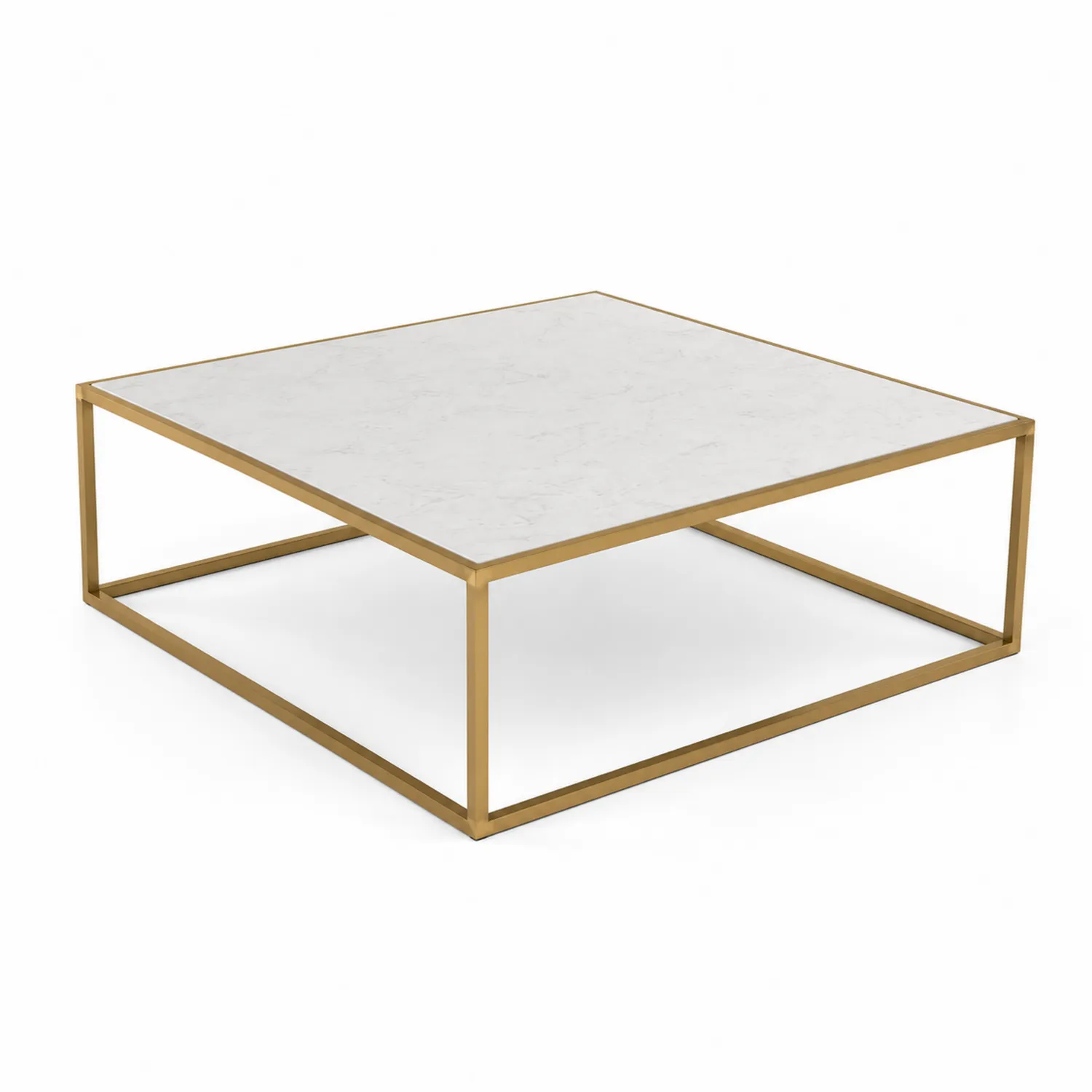 Mesa de centro de mármol blanco y estructura de acero dorado 80x80x35 cm-Rusticvillaa