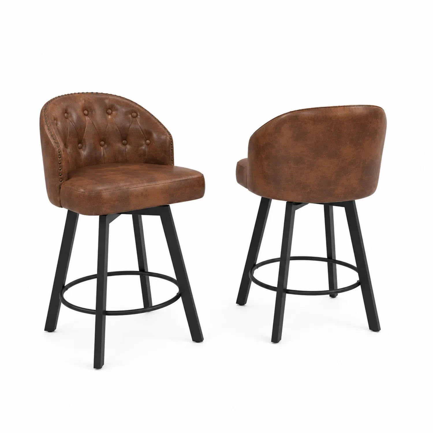 Set de 2 taburetes de cuero sintético marrón y metal-Rusticvillaa