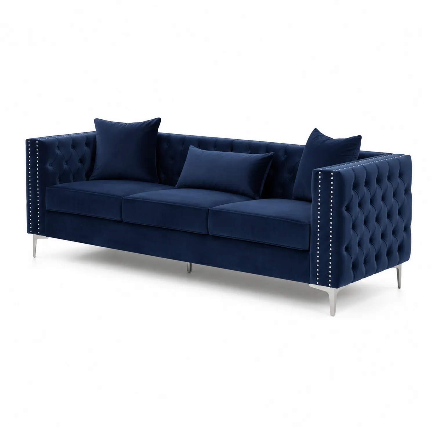Sofá de terciopelo azul con patas de acero inoxidable-Rusticvillaa
