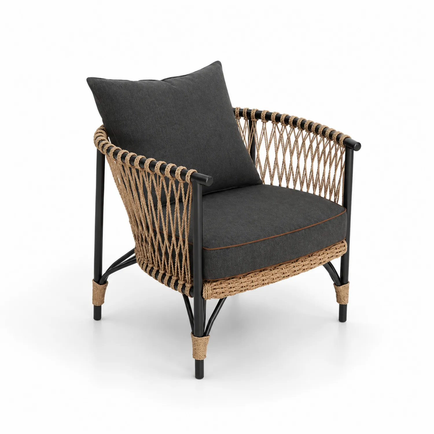 Sillón de Acero y Cuerda de Poliéster Negro/Beige-Rusticvillaa