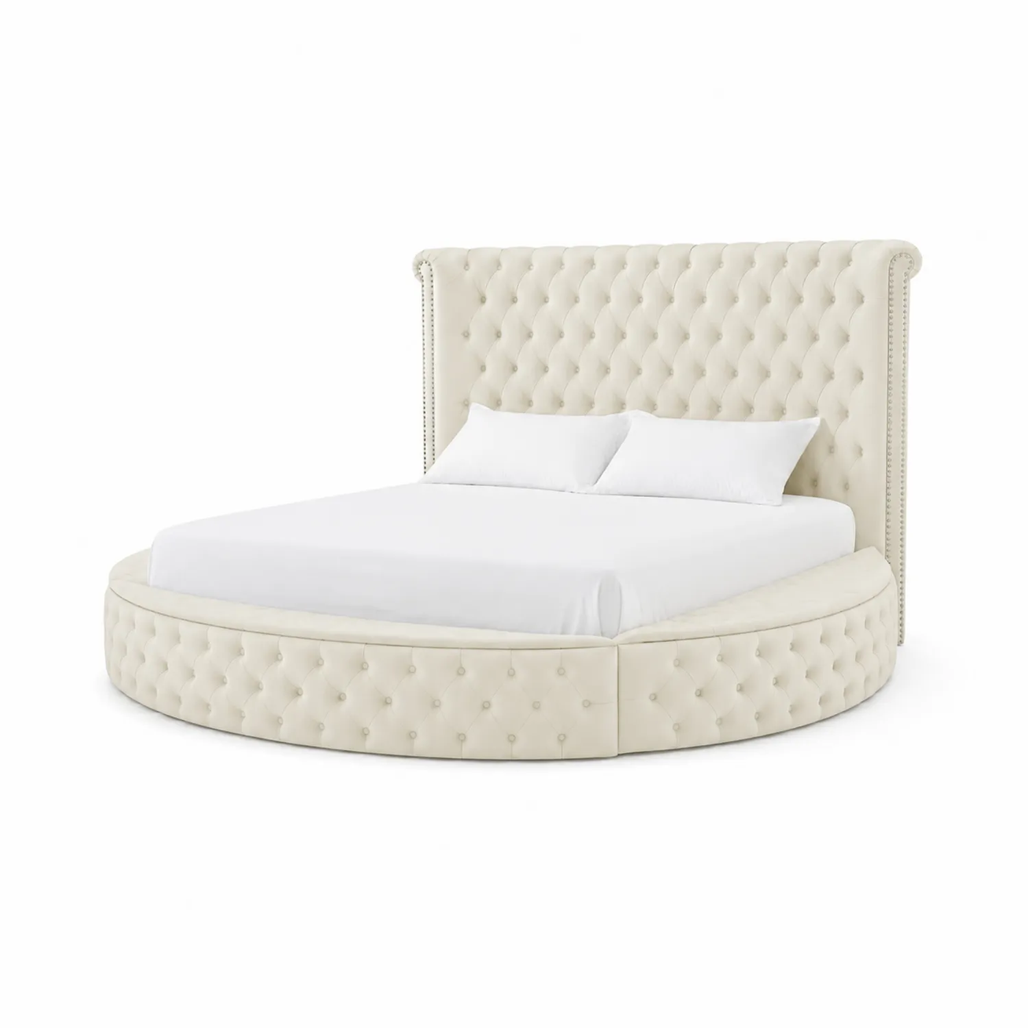 Cama Redonda de Terciopelo Beige 220 cm-Rusticvillaa