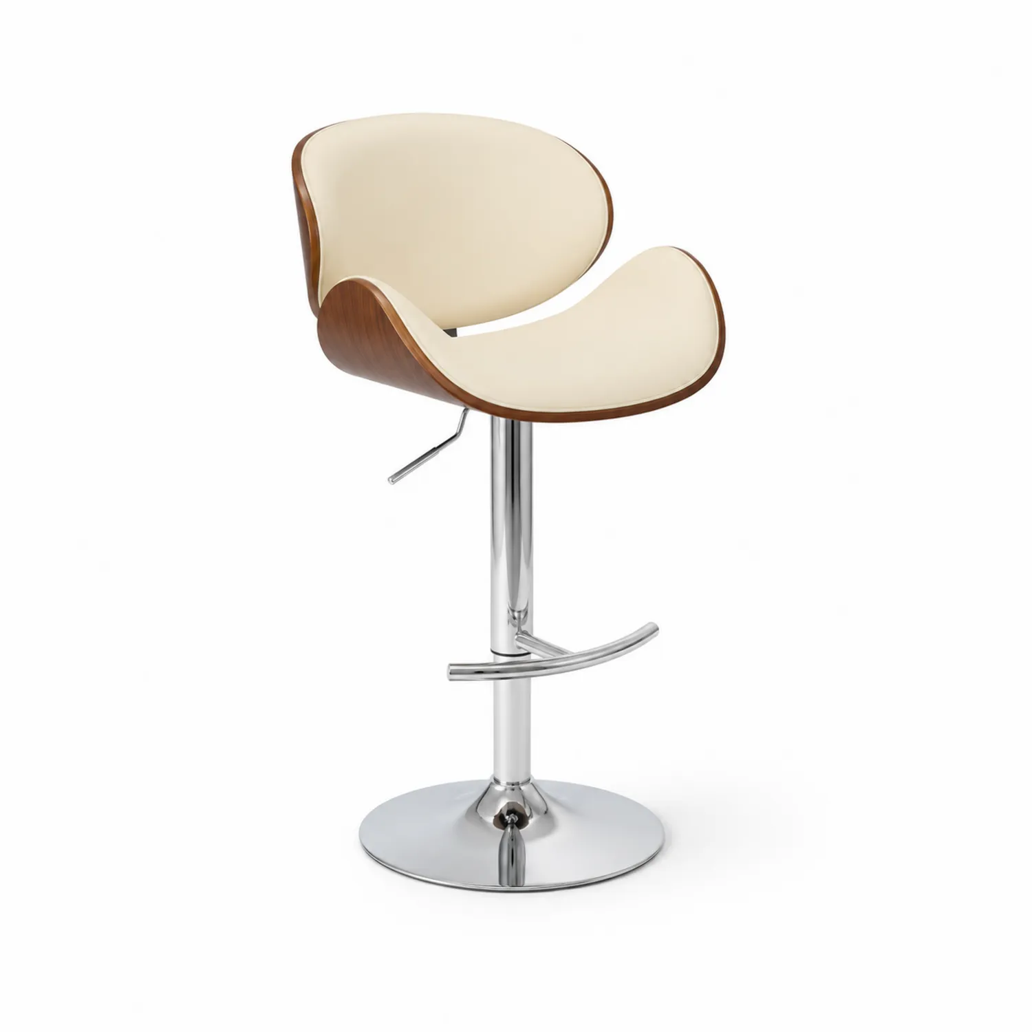 Taburete de Madera y Acero con Asiento de Cuero Sintético Crema-Rusticvillaa