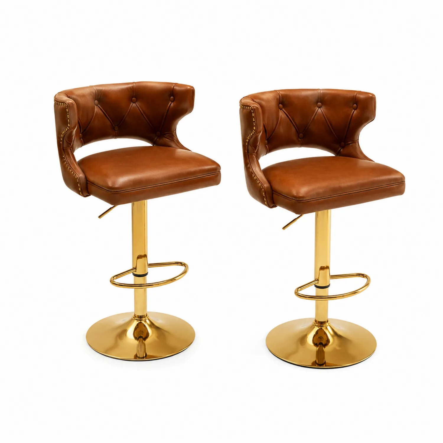 Set de Taburetes de Bar en Cuero Sintético Marrón con Base de Acero Dorado-Rusticvillaa