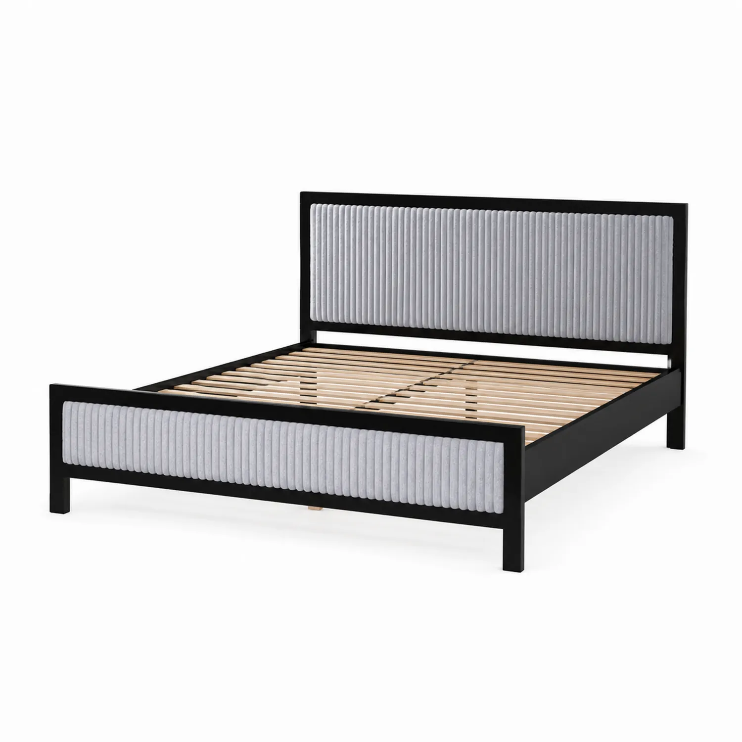 Cama de metal 200x150 cm con tapizado gris y láminas de madera-Rusticvillaa