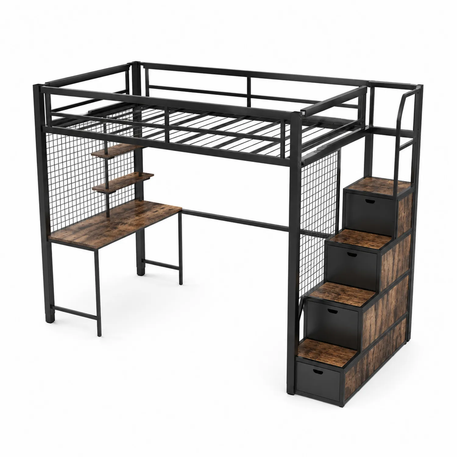 Cama alta de metal con almacenamiento y escritorio-Rusticvillaa