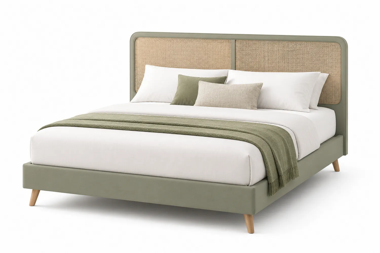 Bett 200x160 cm mit Rattan-Kopfteil und Holzrahmen Grün