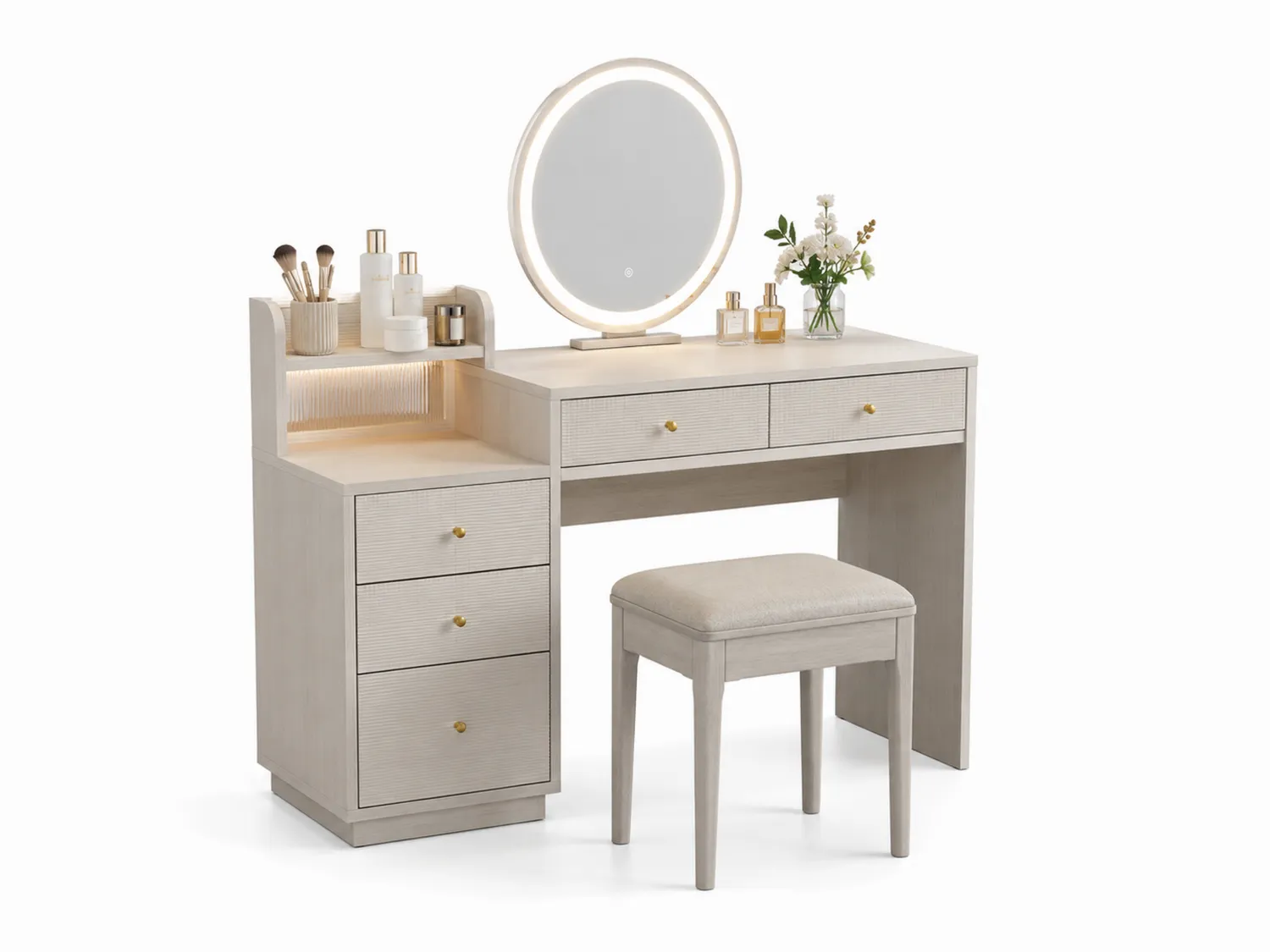 Schminktisch mit Hocker und LED-Spiegel aus MDF-Holz in Beige