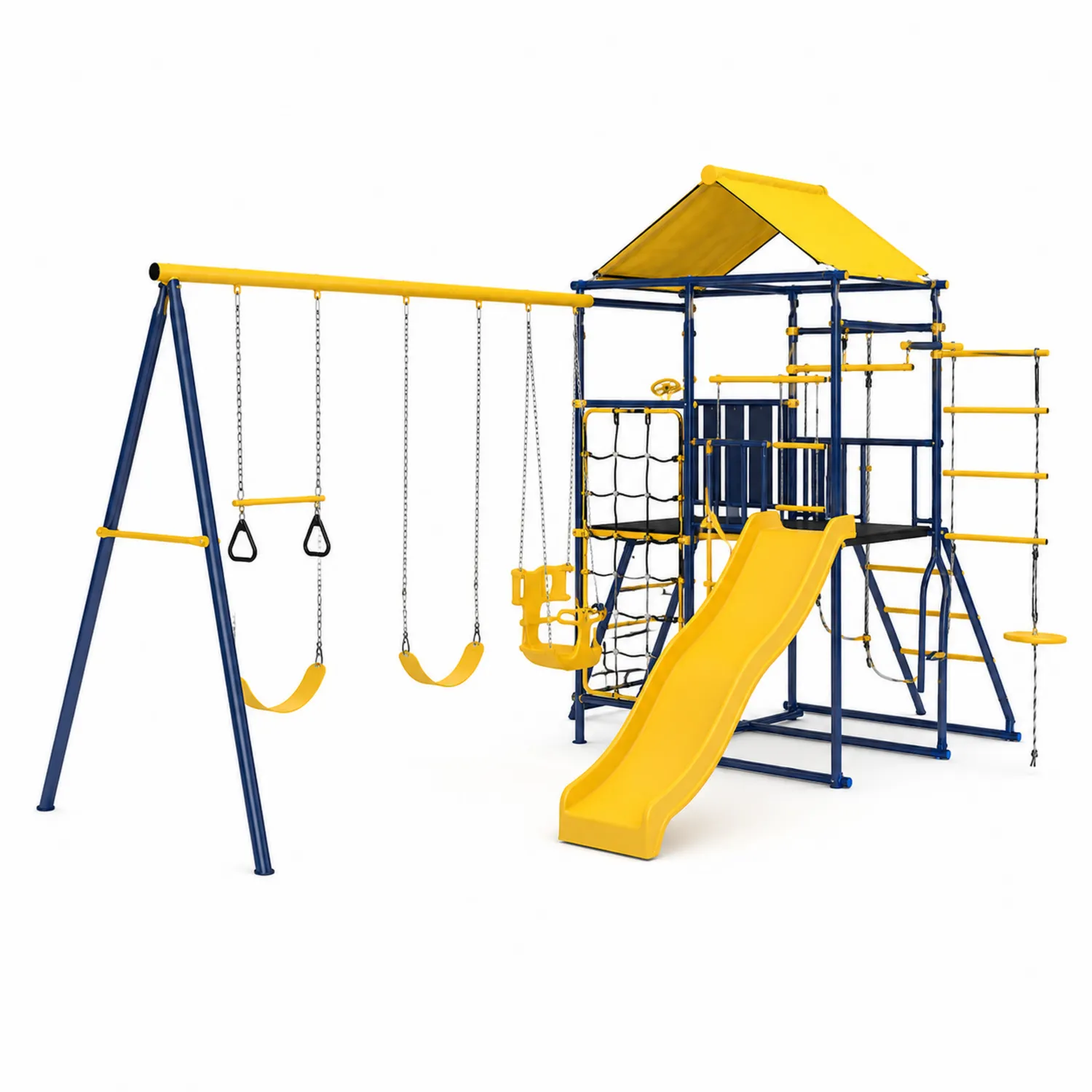 Spielplatz-Schaukelset aus Stahl und Kunststoff, Gelb/Blau, 300x250x200 cm