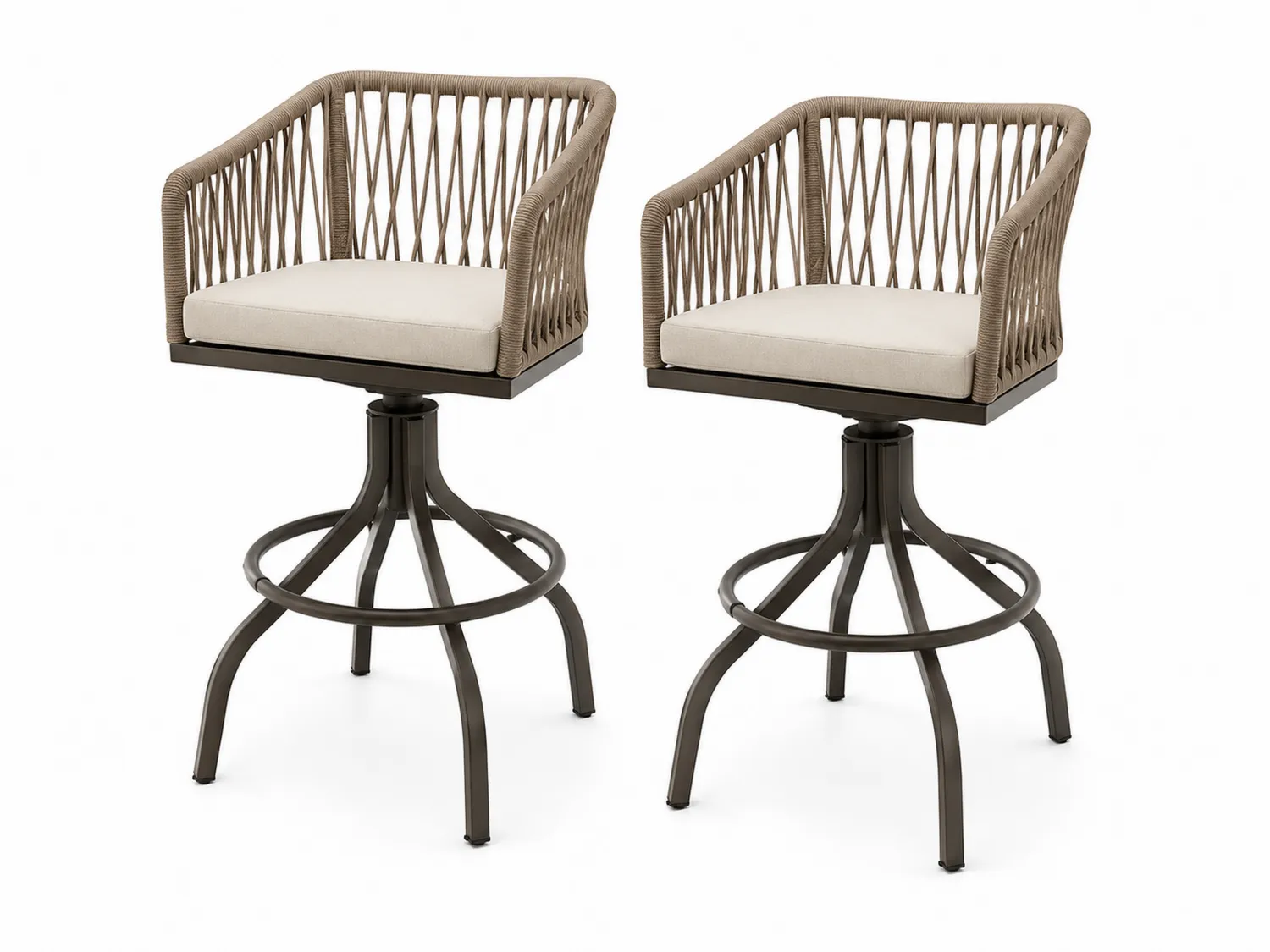 Barhocker-Set aus Aluminium mit Polyesterseil und Schaumstoffkissen, Beige, Sitzhöhe 75 cm