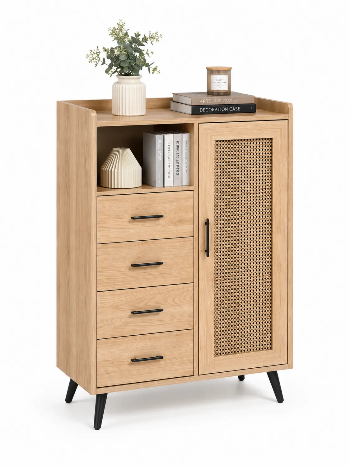 Mehrzweckschrank aus Holz mit Rattantür und Schubladen