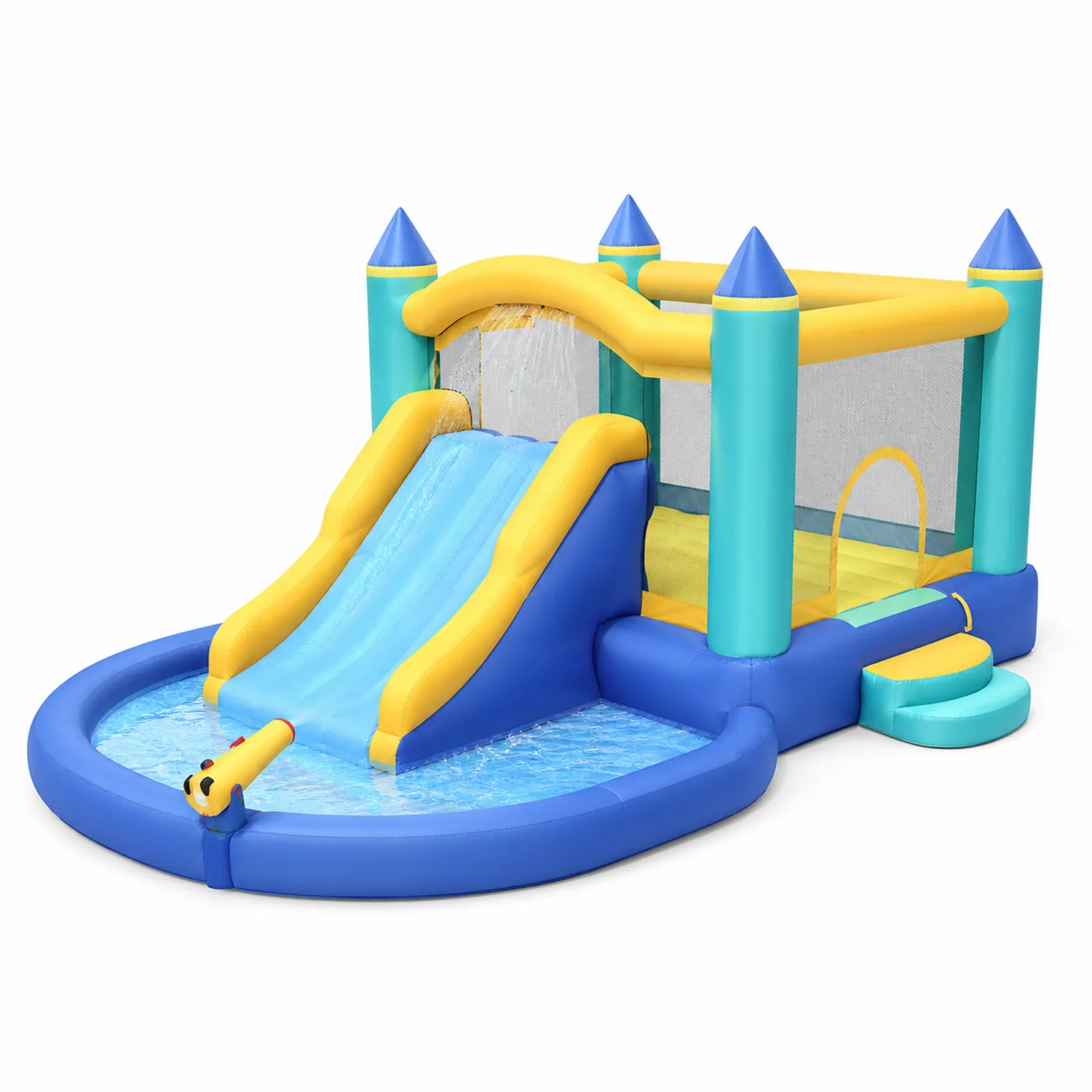 Aufblasbare Hüpfburg mit Rutsche und Wasserkanone PVC Blau/Gelb