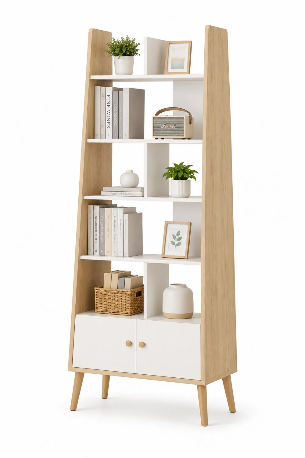 Holzregal mit 5 Böden und Schranktüren in Weiß/Eiche