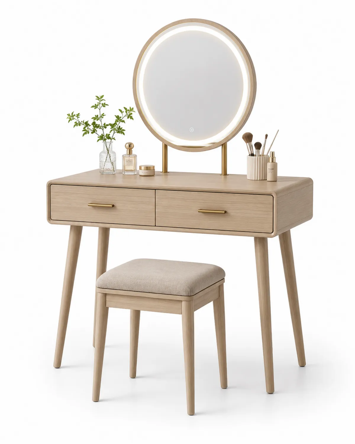 Runder Schminktisch-Set mit Spiegel und Hocker aus Holz