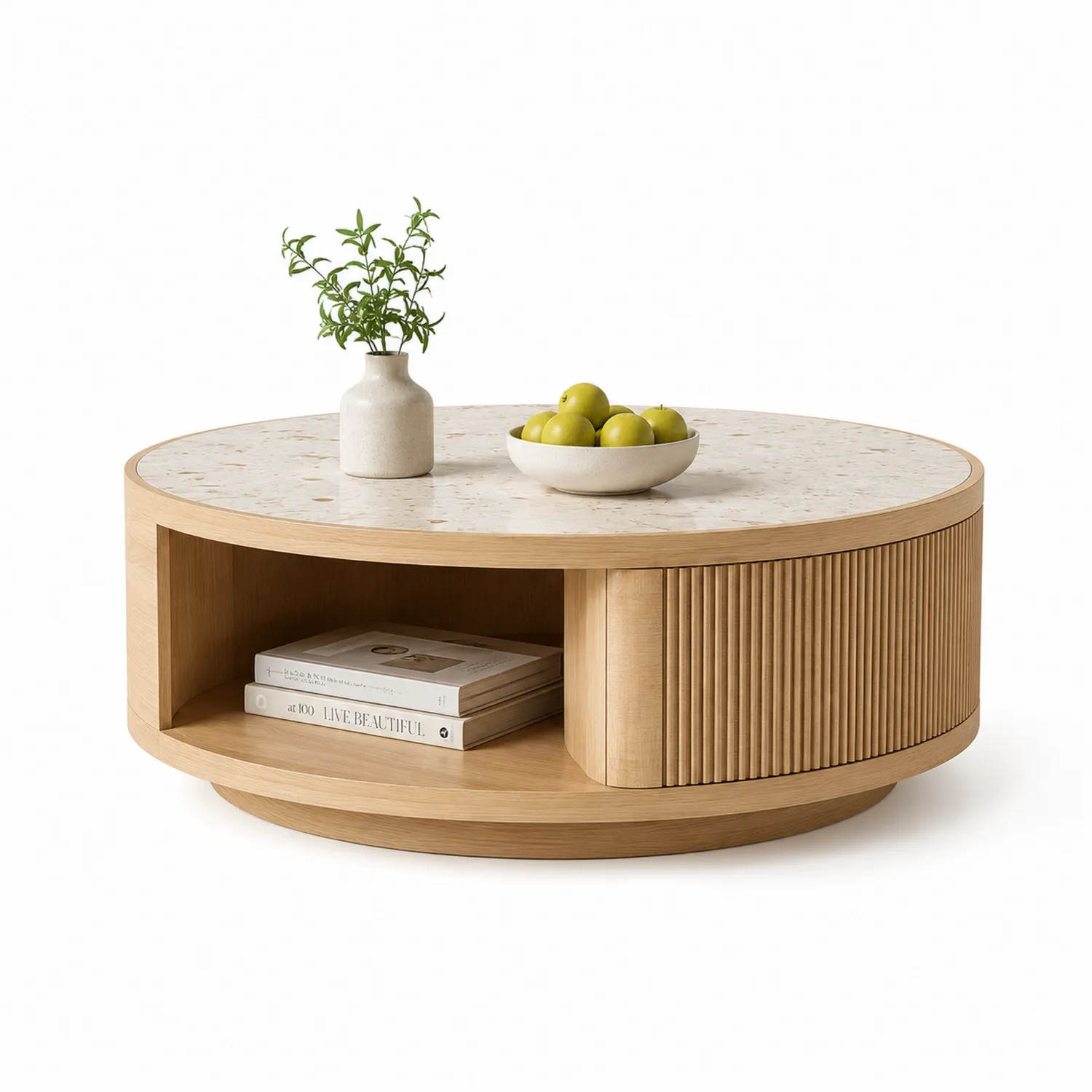 Runder Couchtisch 85 cm Terrazzo-Tischplatte Eiche