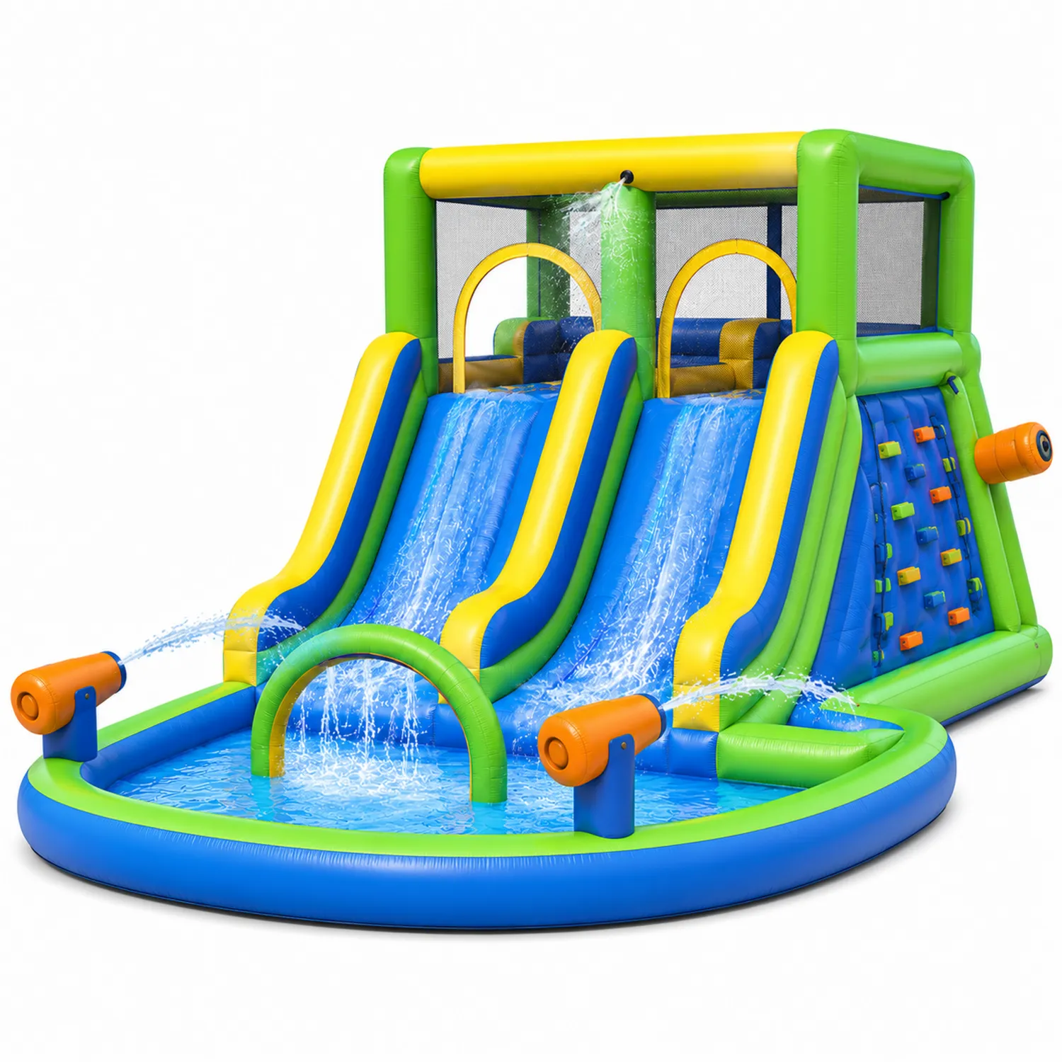 Aufblasbare Wasserrutsche mit Kletterwand aus PVC, 4 x 3 x 2 m, Blau/Gelb/Grün