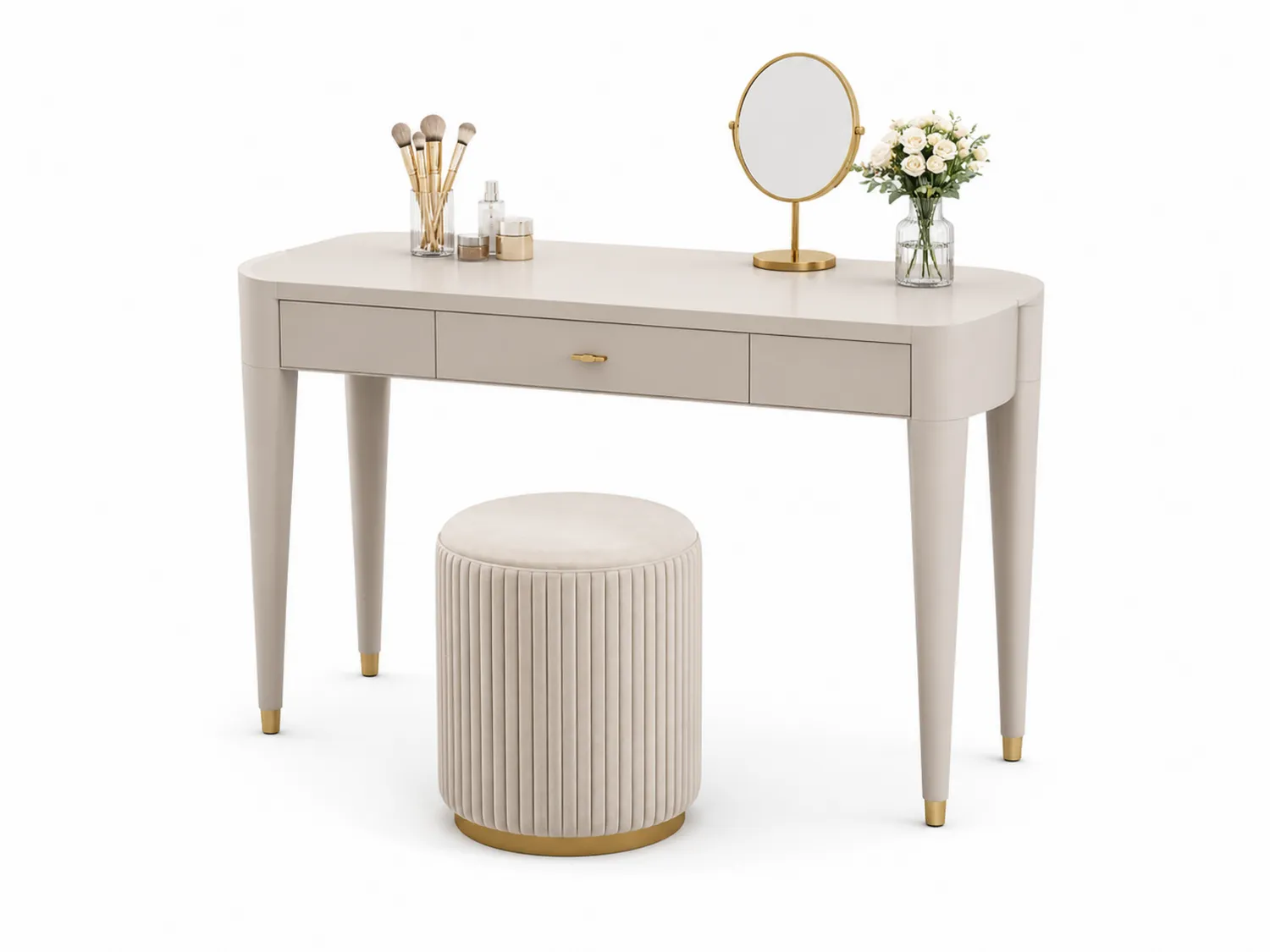 Schminktisch Set mit Spiegel und Hocker aus Holz Elfenbein